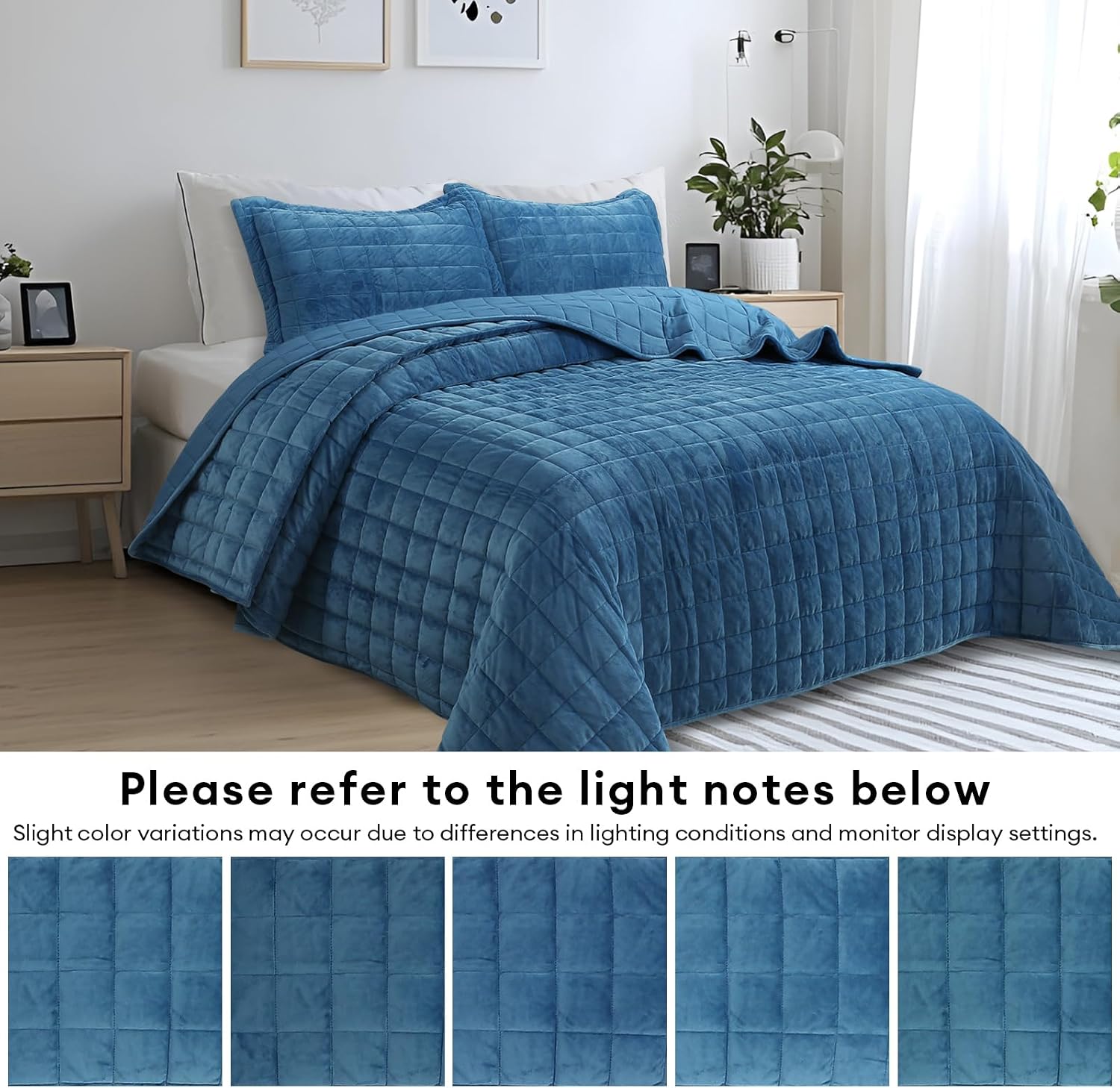 Velvet Quilt King Size, Luxury Soft Bedding Set, Lightweight Cozy Warm Quilted 3-Piece Velvet Coverlet Bedspread Set with 2 Pillow Shams for All Season, Blue