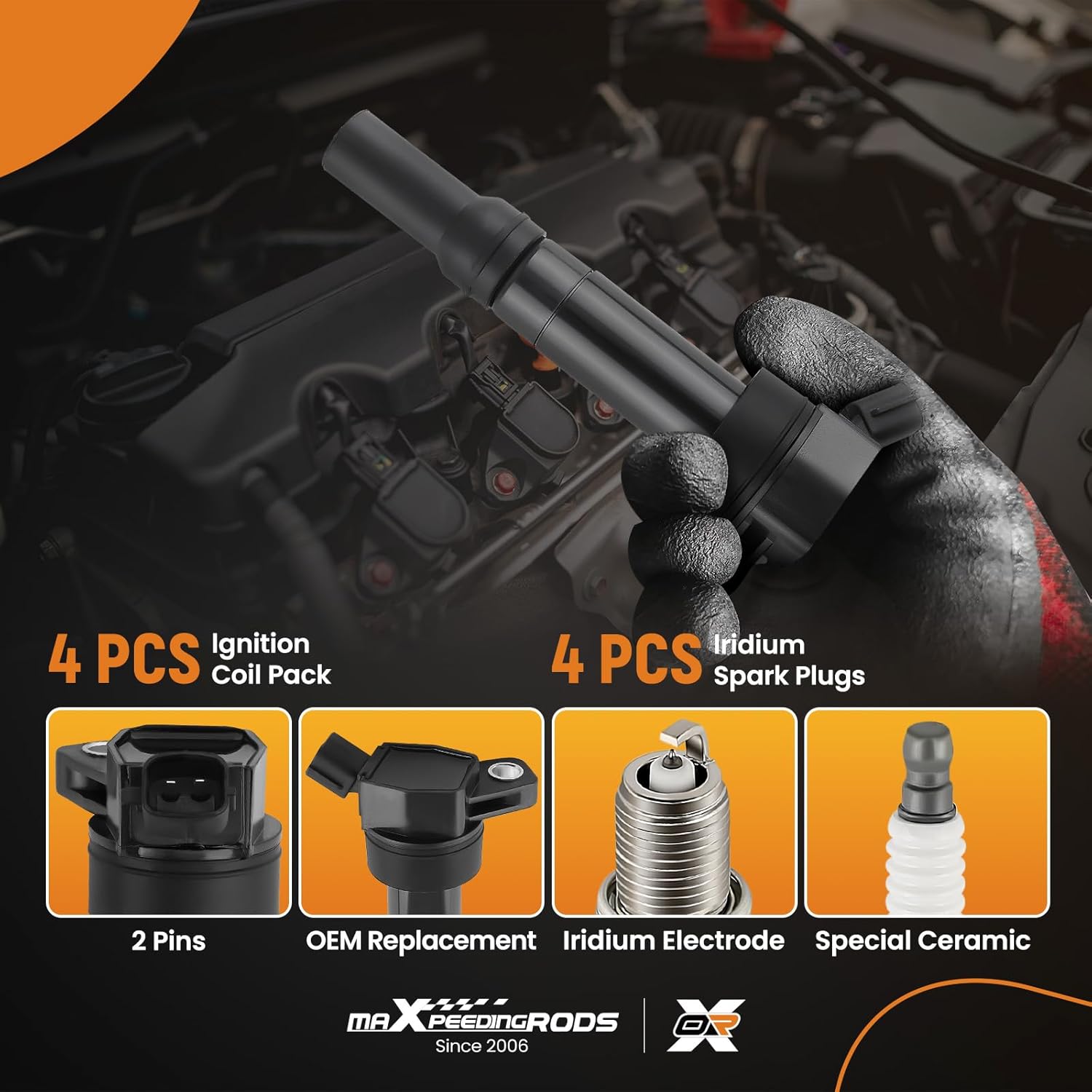 maXpeedingrods UF651 Ignition Coil 97390 Spark Plug for Hyundai Kia L4 Engine, 2012-2019 Soul 2.0, 2014-2020 Tucson Elantra GT 2.0L, 2013-2016 Elantra 1.8L, 2014-2016 Forte 1.8L (Set of 4)
