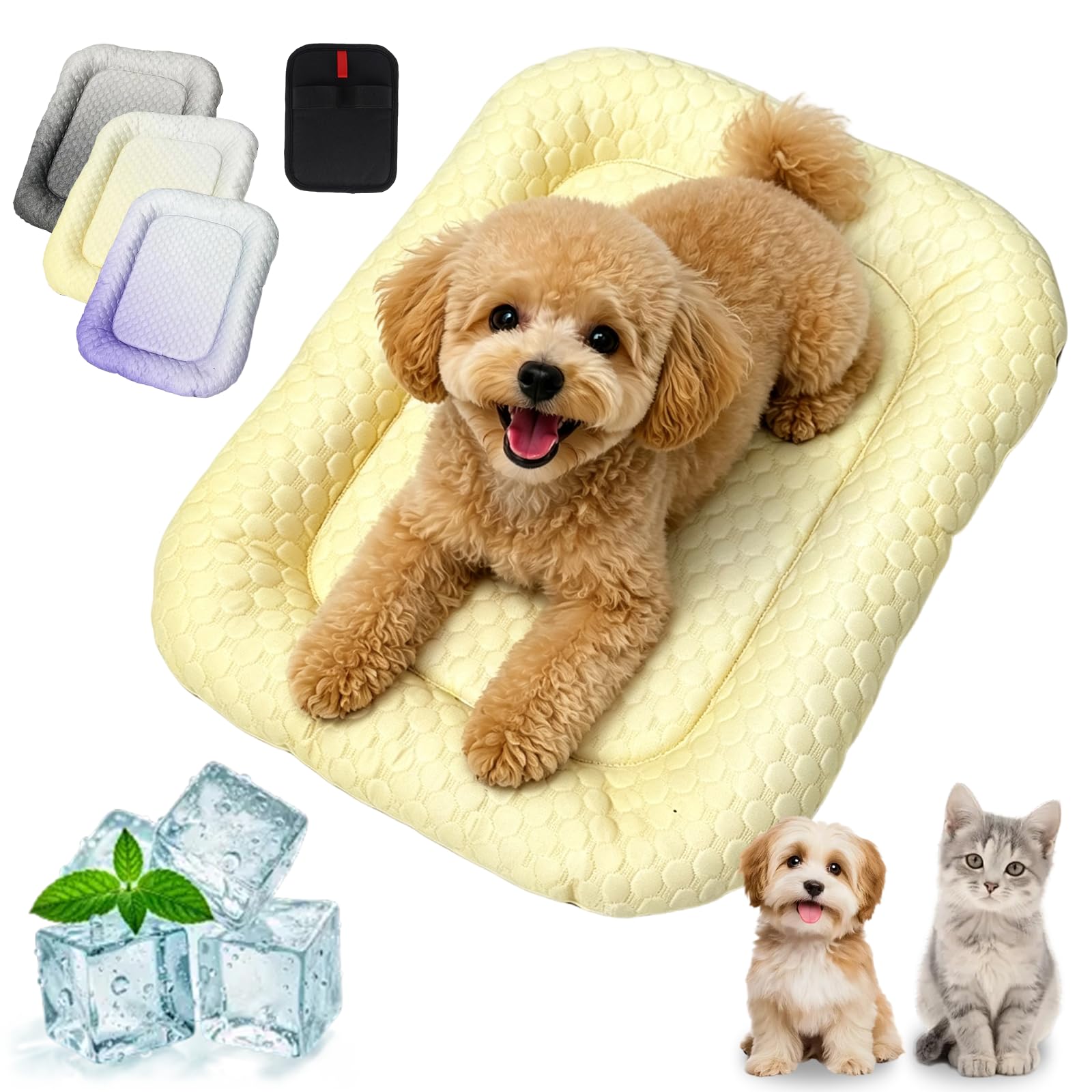 Liocwocne Pet Cooling Mat for Dogs and Cats, Ice Silk Self Cooling Pad, Breathable Summer Bed for Indoor Floor Sofa Car Travel, Washable Non-Slip Blanket, Gradient Soft Sleep Cushion (Yellow,S)