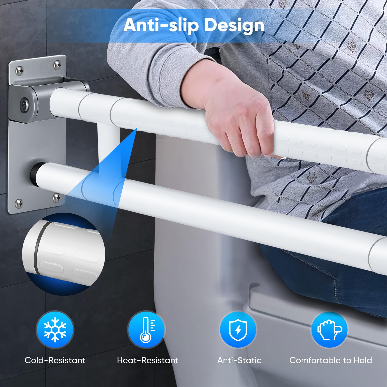 75cm Maniglione Bagno Disabili, Maniglione Ribaltabile Bagno, Può sopportare 300-350 kg, Barra Disabili Bagno, Pieghevole Maniglione di Sicurezza Antiscivolo per Anziani,Incinta (White, 75cm)
