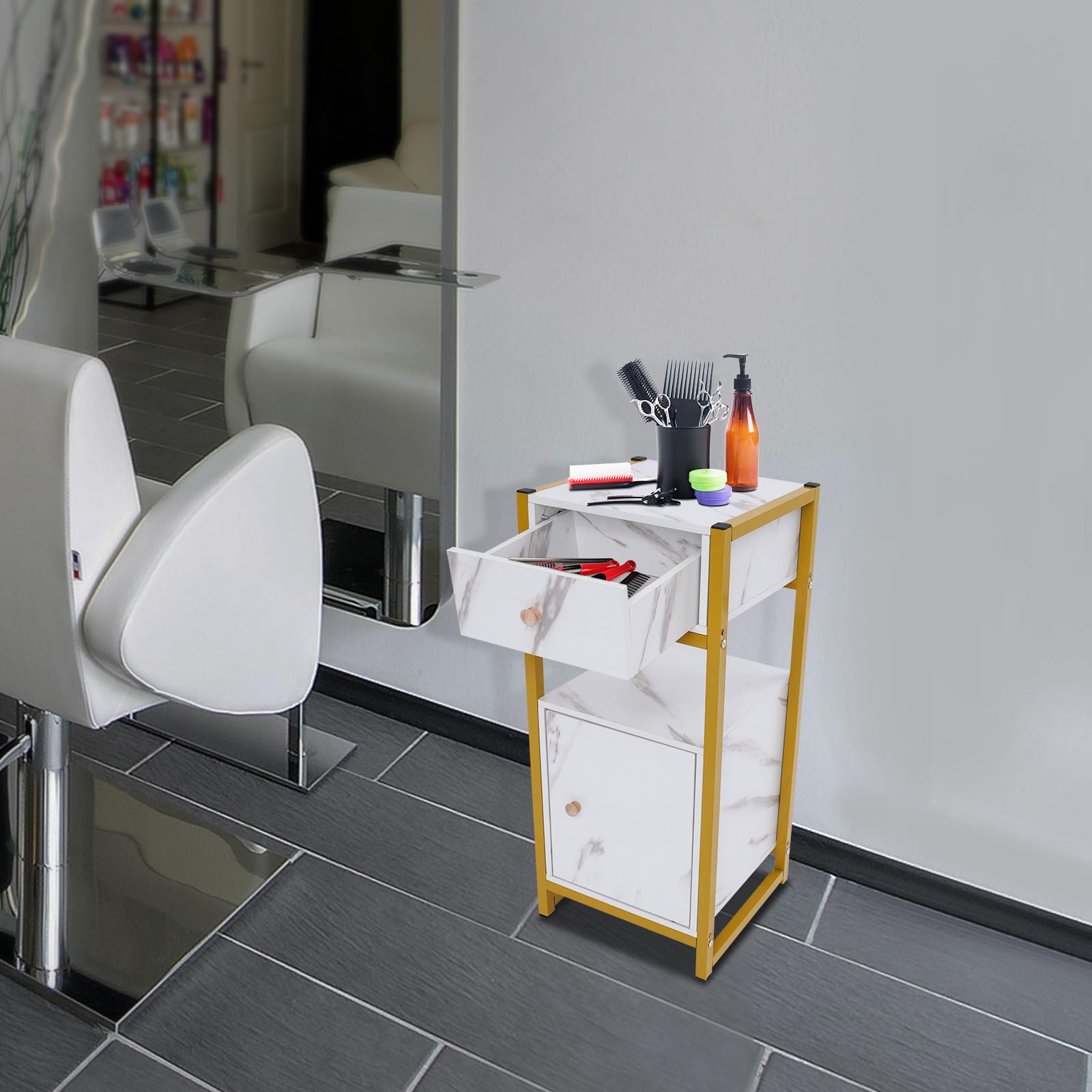 Oiveinya Beauty Salon Statio,Hair Tool Rack with Drawer,Rack with Cabinet,Hair Salon Station Storage Rack for Beauty Stores,Barber Stores,Spas