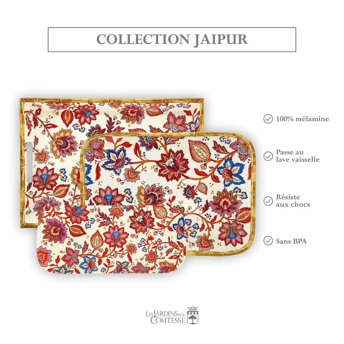 Les Jardins de la Comtesse - Grand plateau en mélamine avec poignées fleuris 50 x 36 x 5 cm - Collection Jaipur
