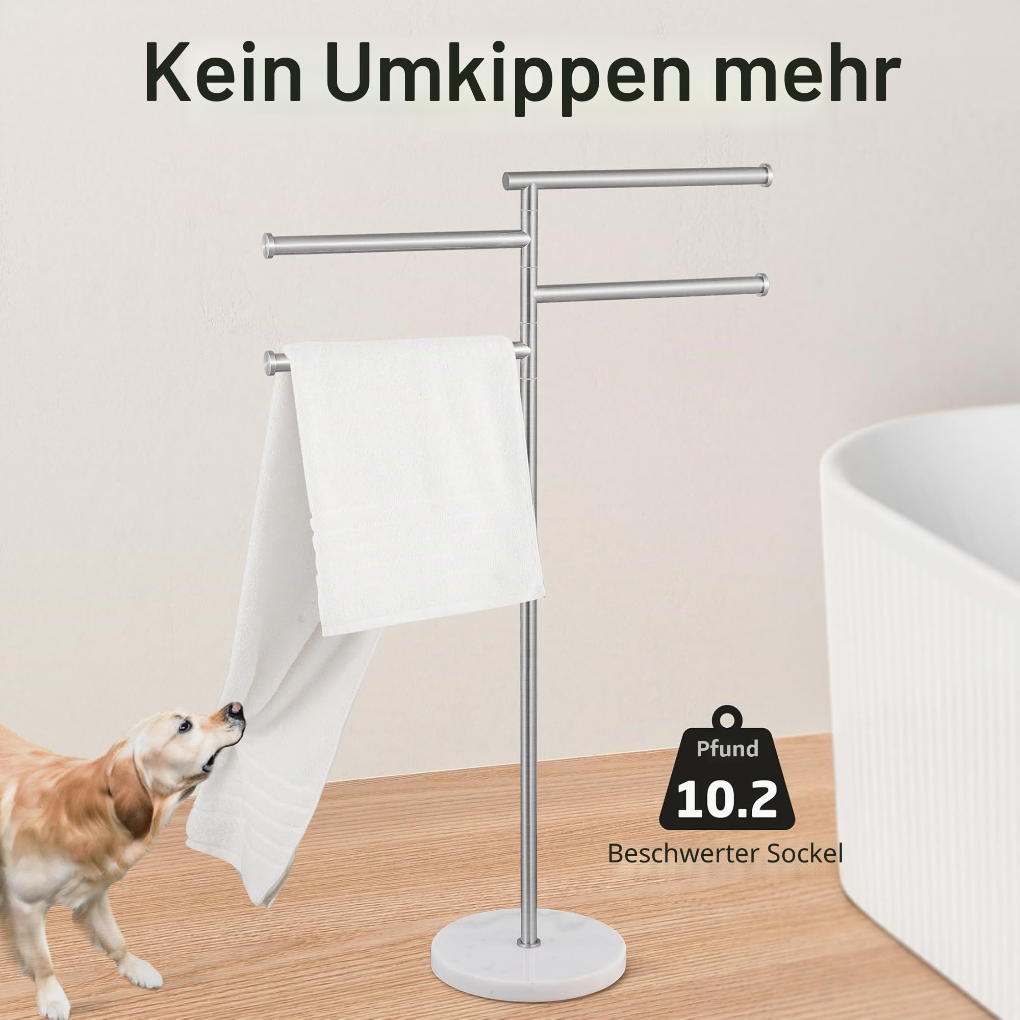KES Handtuchhalter Stehend Handtuchhalter 4 Armig Schwenkbar Handtuchständer Freistehend Marmor Bad Gebürstet, BTH219S4-2