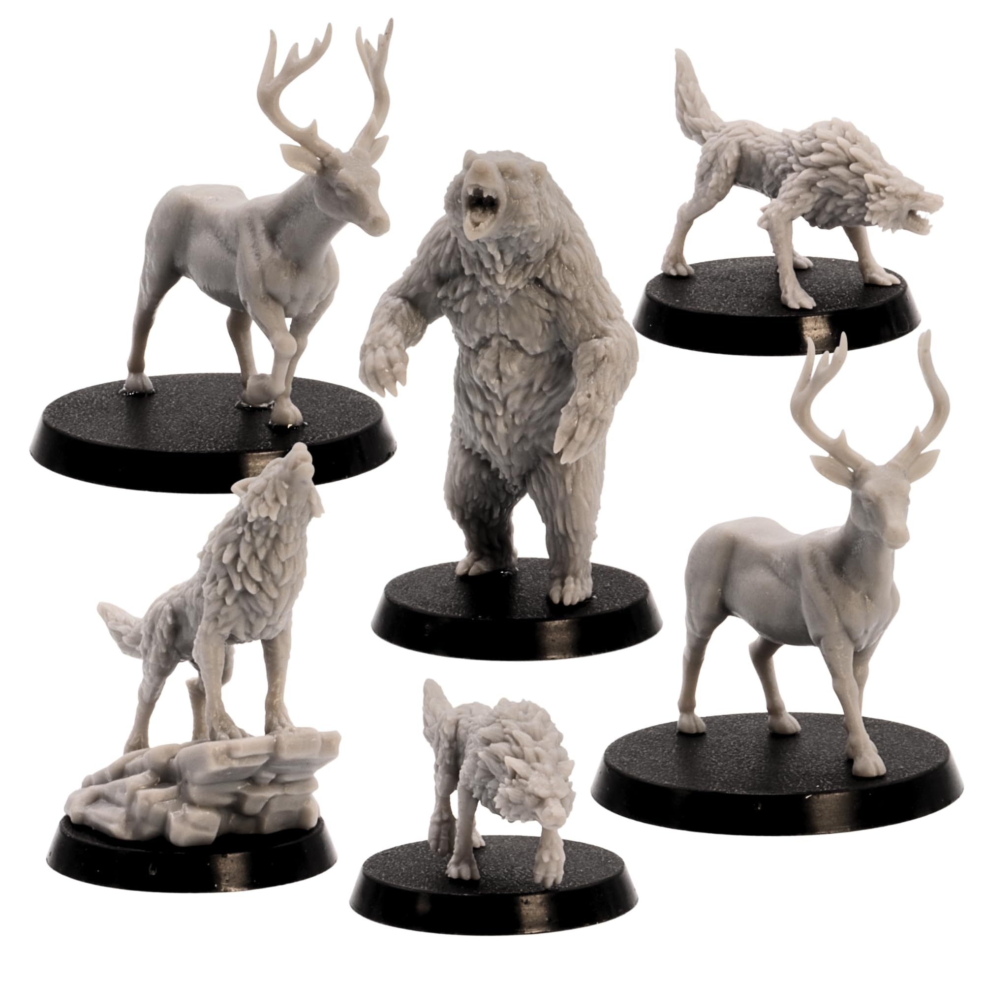 Forest Animals Miniatures Set - 6 Resin Models (Bear, Wolves, Deer) for Tabletop RPGs, Grey, 7cm