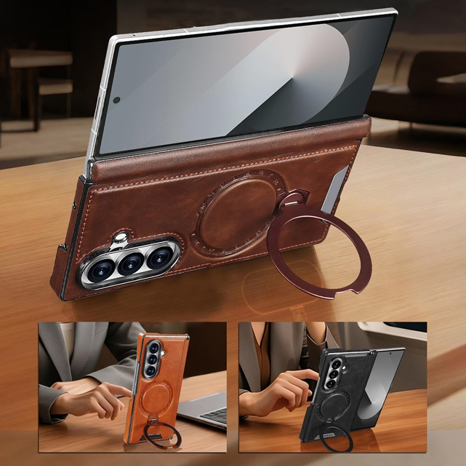 Magnetica Custodia per Samsung Galaxy Z Fold 8 Ultra, Galvanizzazione Pelle | Cerniera Protezione Cover con Rotabile Metallo Anello Supporto Ricarica Wireless Affari Caso,Rosso,Fold 8 Ultra