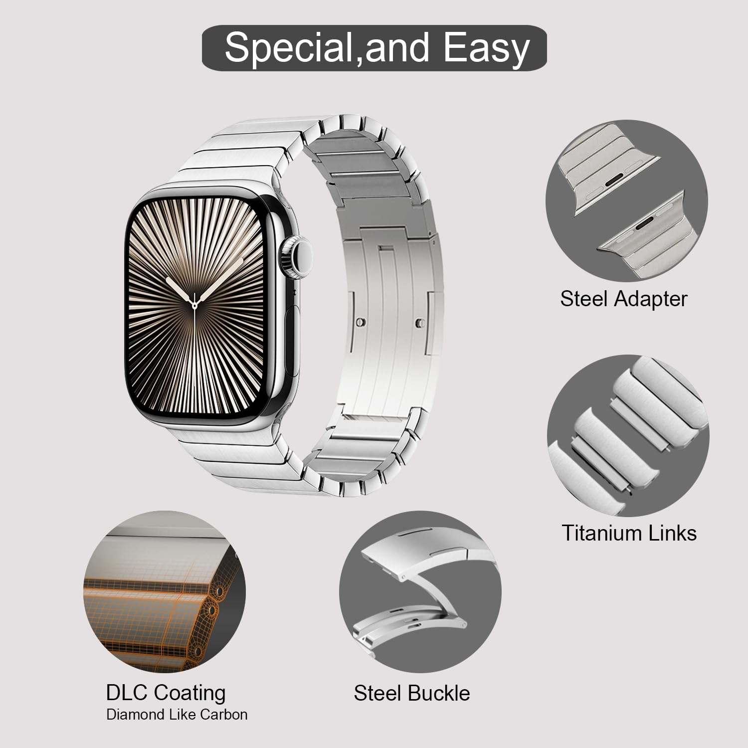 MaKTech Titanium Watch Bracelet Band,Light-Weight Metal Rounded Corner Link Strap with Embedded Buckle,for Apple Watch 10/9/Ultra 2/SE/8/7[2024] (46mm/45mm/44/49mm,Silver)