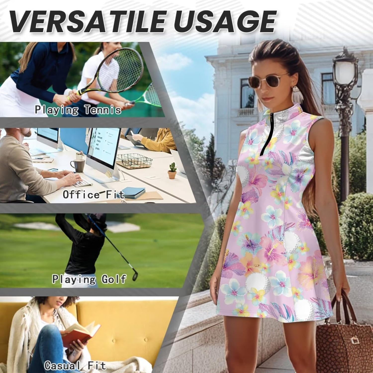 COEQINE Tennis Dresses for Women with Shorts Zip Front Golf Dress with Pockets for Alethic Foldable Visor Hat 3Pcs,XS-2XL