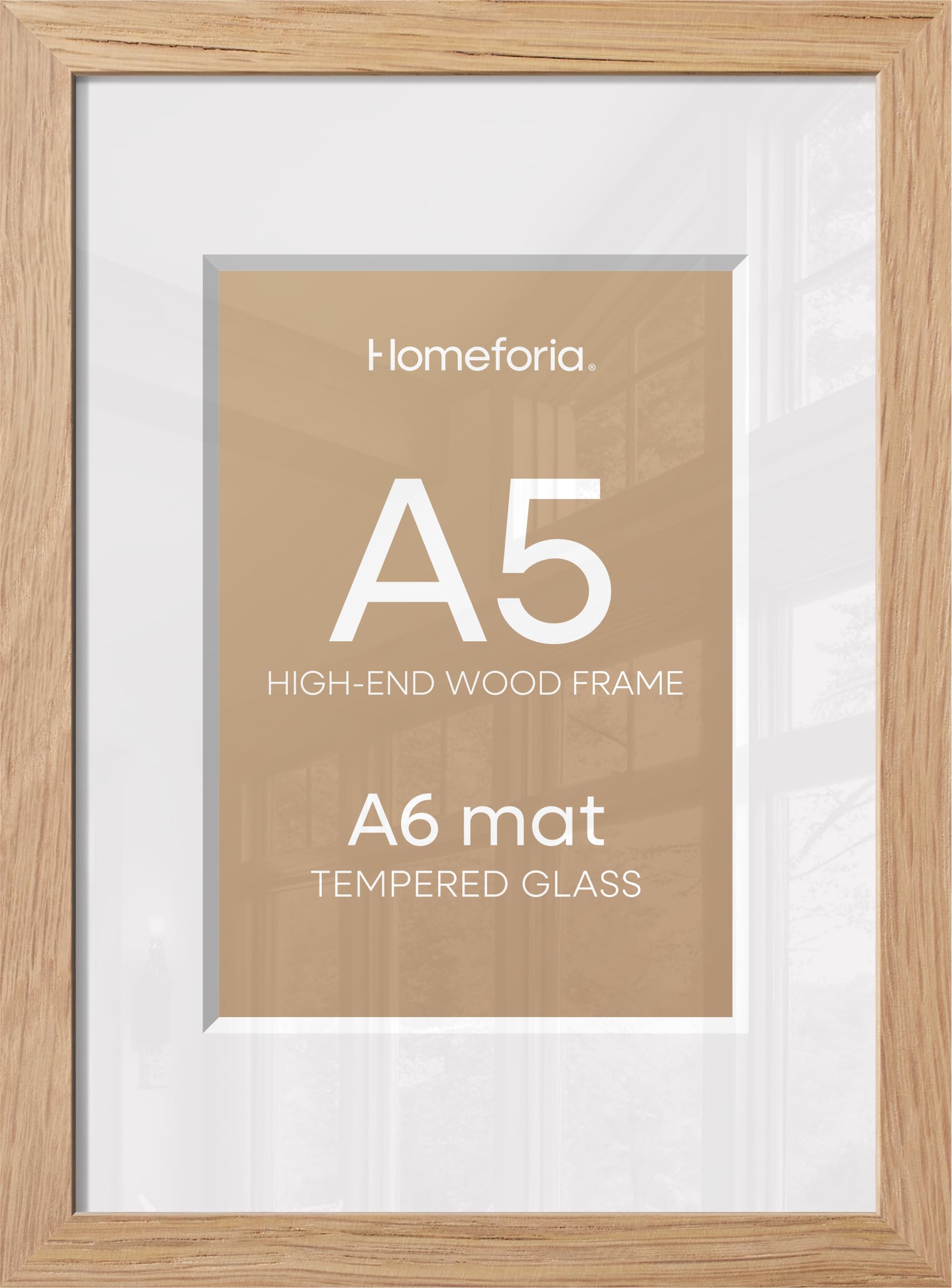 Homeforia A5 Natural Oak Picture Frame, High-End Wood, A6 Mat, Glass | High End Solid Oak Wood, Tempered Glass, Acid-Free A6 Removable Mat, A5 Edge-to-Edge Display, Wall Kit, Set Of 2