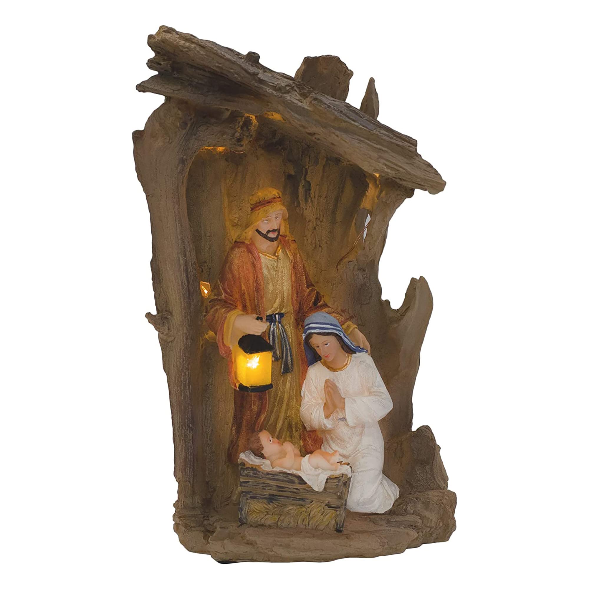 Three Kings Gifts, LED Light-up Driftwood Creche, Holy Family, Joseph, Mary and Jesus, 14 x 8.5 Polystone Nativity Scene, Home Decorating Christmas Table Top One-Piece Figurine