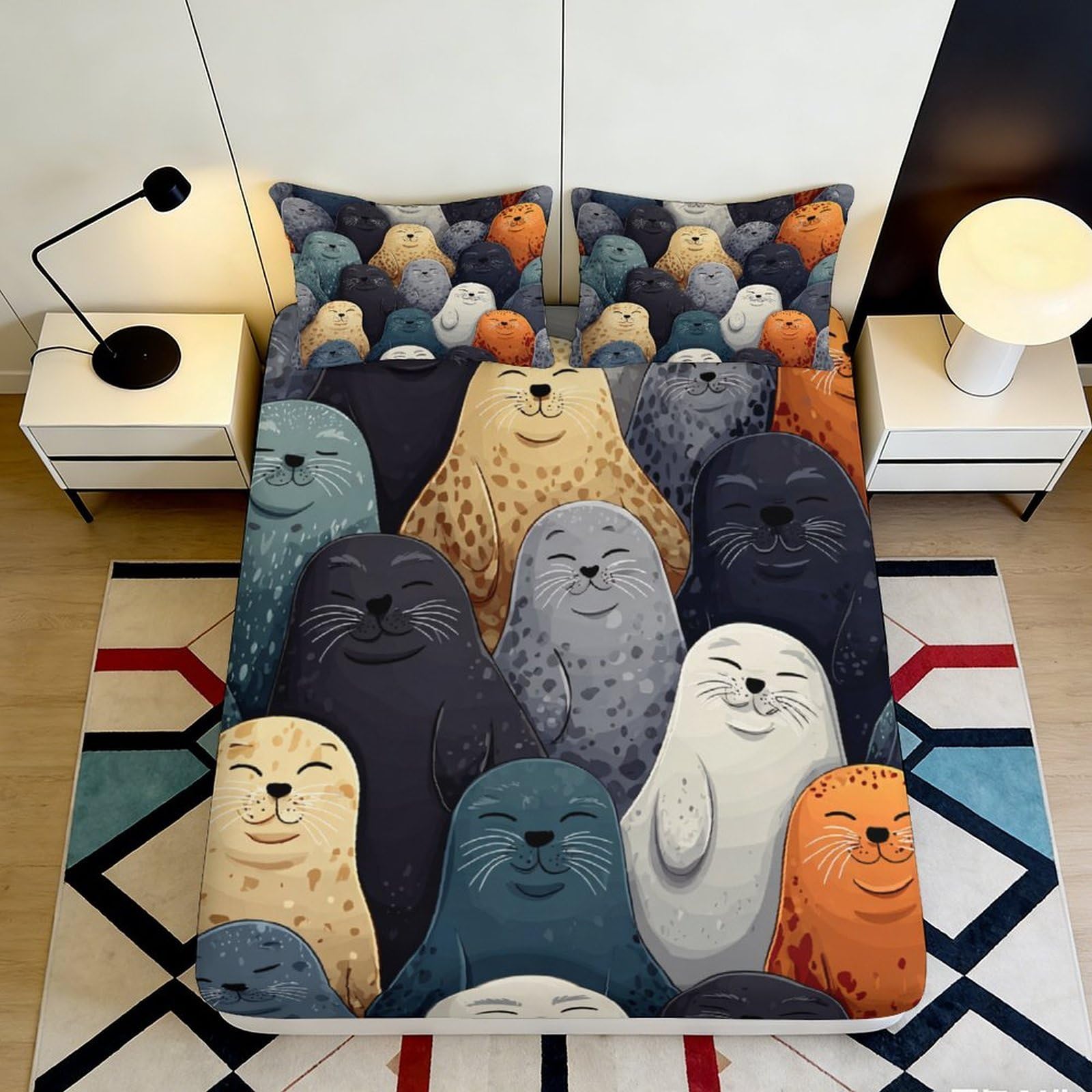 3D Printed Cartoon Seal Fitted Sheet Microfiber Soft Anti-Slip Colorful Seal Mattress Cover for Bedroom Guestroom Decor 90x200x25cm