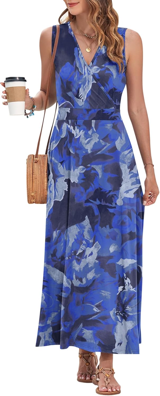 AUSELILY Women's Maxi Dress 2026 Summer Casual Sleeveless Sundress V Neck Wrap Vacation Cocktail Long Dresses with Pockets - Image 3