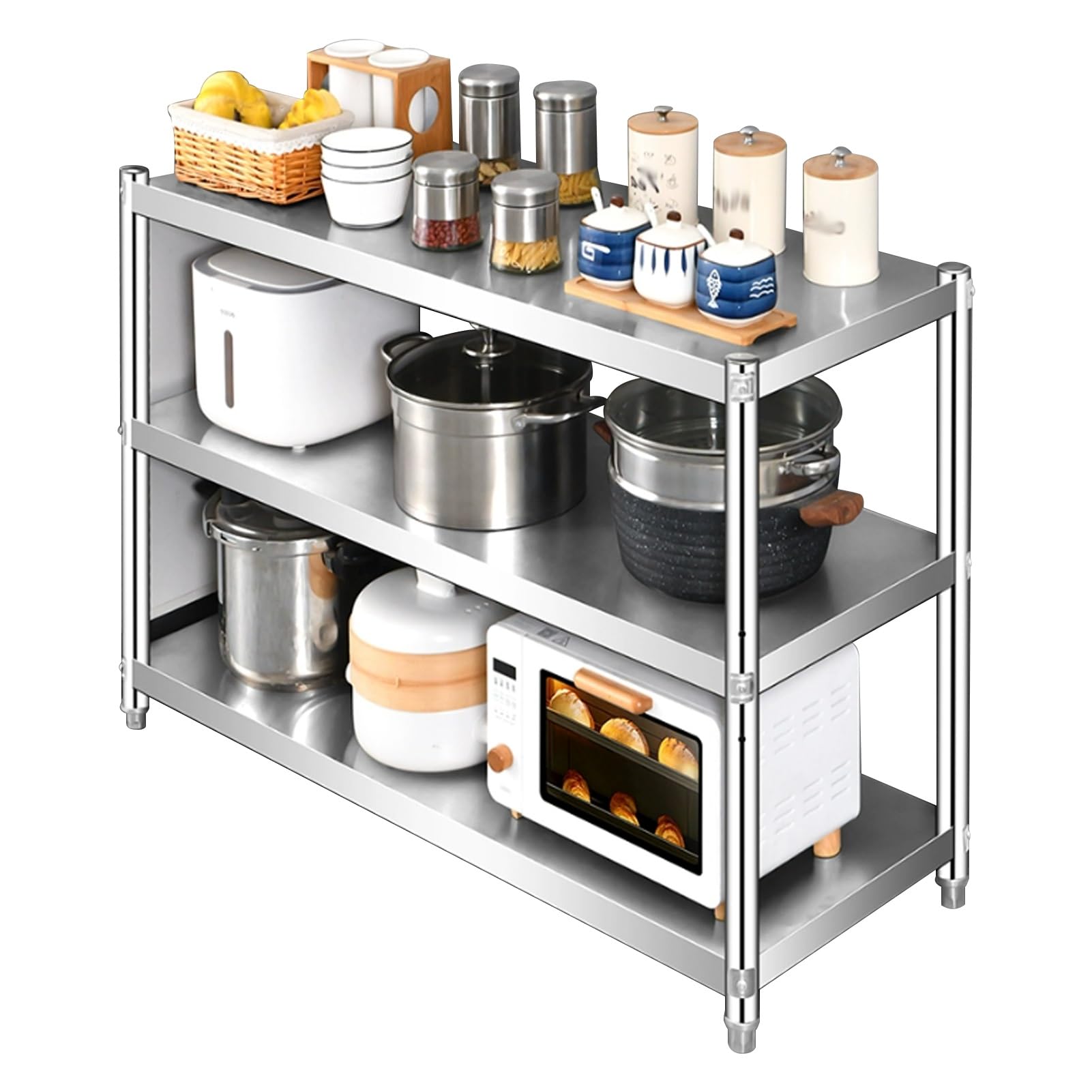 Scaffale da cucina in acciaio inox, a 3 ripiani, regolabile, in metallo, per postazioni di lavoro e microonde, resistente (80 x 45 x 80 cm)
