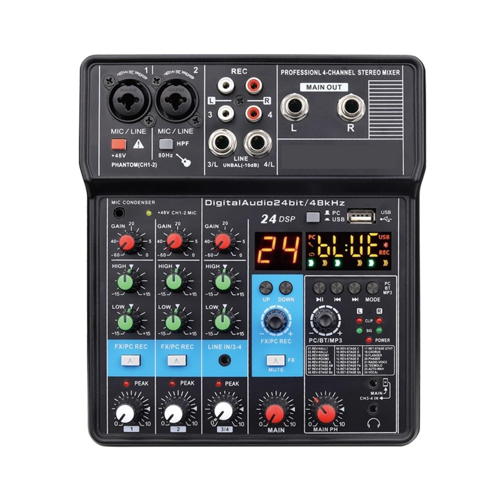 Mixer audio, controller DJ, mixer audio, mini mixer audio a 4 canali, scheda audio DJ, 16 effetti digitali, console di riduzione del rumore, registrazione USB per cantare, ideale per feste in casa e