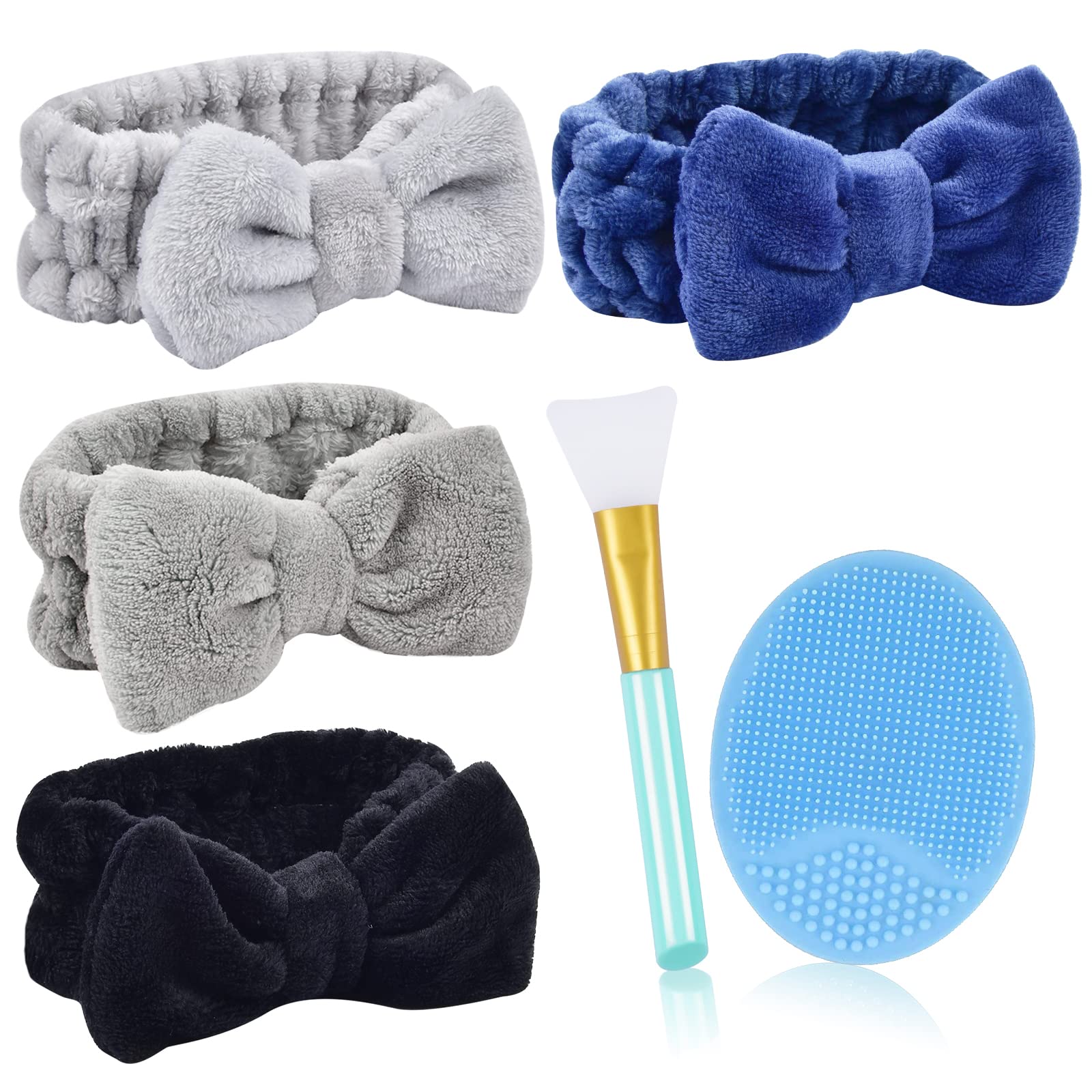 4 Pack Spa Headband, MORGLES Facial Makeup Headband Bowknot Hair Bands with 1pcs Face Mask Brush 1pcs Silicone Face Scrubbers for Women Washing Skincare(Gray,White,Black,Blue)