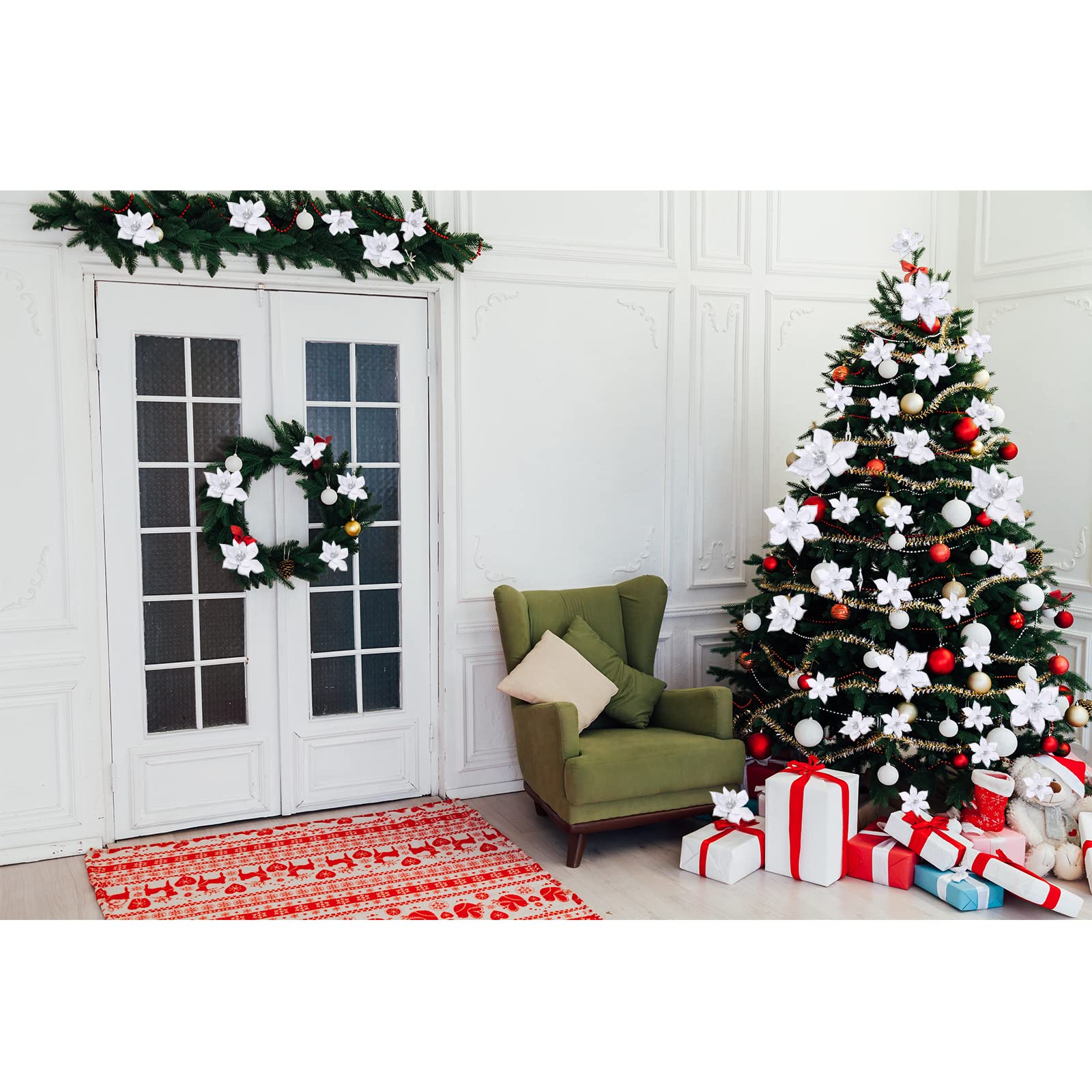 Geosar 100 Pcs Poinsettia à Paillettes de Noël de 3 Tailles Fausses Fleurs de Mariage Ornements de Décoration de Fleurs de Noël pour Décor Extérieur Maison Nouvel an Arbre de Noël (Blanc)