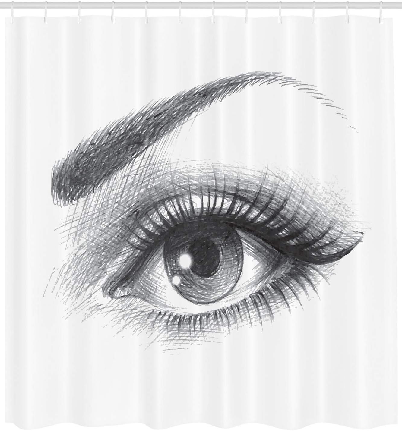 Ambesonne Eye Shower Curtain, Pencil Drawing Art of a Staring Female Lashes and Curvy Eyebrow, Cloth Fabric Bathroom Decor Set with Hooks, 69" W x 84" L, Grey White