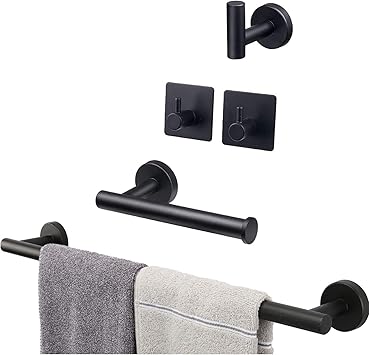 5PCS Juego de toallero de Acero Inoxidable, Soporte de Toalla de baño montado en la Pared,1 Barra de Toalla, 1 toallero de Papel and 3 Ganchos para ...