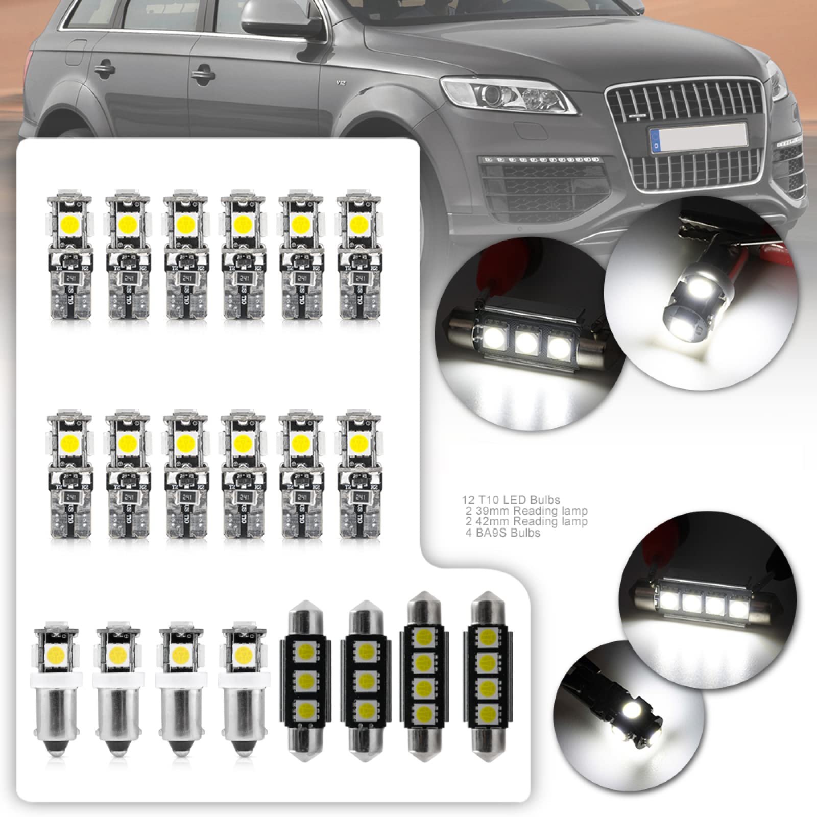Juego De 17 Luces LED Interiores Para Audi Q7 2005-2009: Blancas Tipo Xenón, Incluye Placa Matrícula, Maletero Y Techo | Fácil Instalación