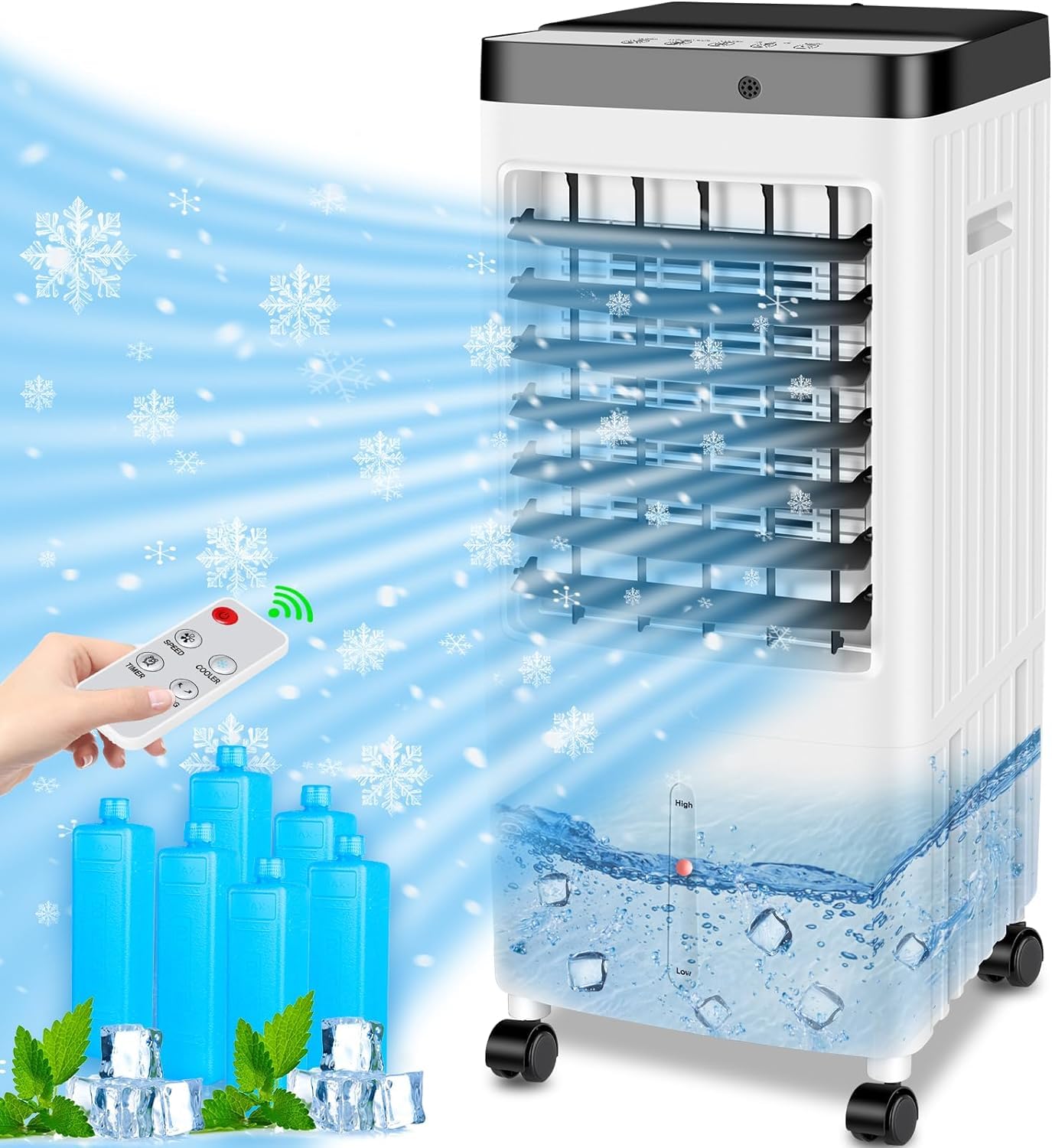 Portable Air Conditioners, 20H Cooling Time Room Air Conditioners,Air Conditioner Portable with 10L Water Tank, 3 Speeds,90° Oscillation, Swamp Cooler for Room Kitchen Bedroom（6 Ice Packs）