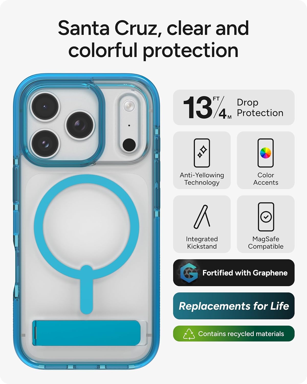 ZAGG Santa Cruz Snap Case with Kickstand for iPhone 17 Pro - Tranquil Blue, Drop Protection (13ft/4m), MagSafe Charging Compatible, ClearGuard Anti-Yellowing Technology, Scratch Resistant Phone Case - Image 2