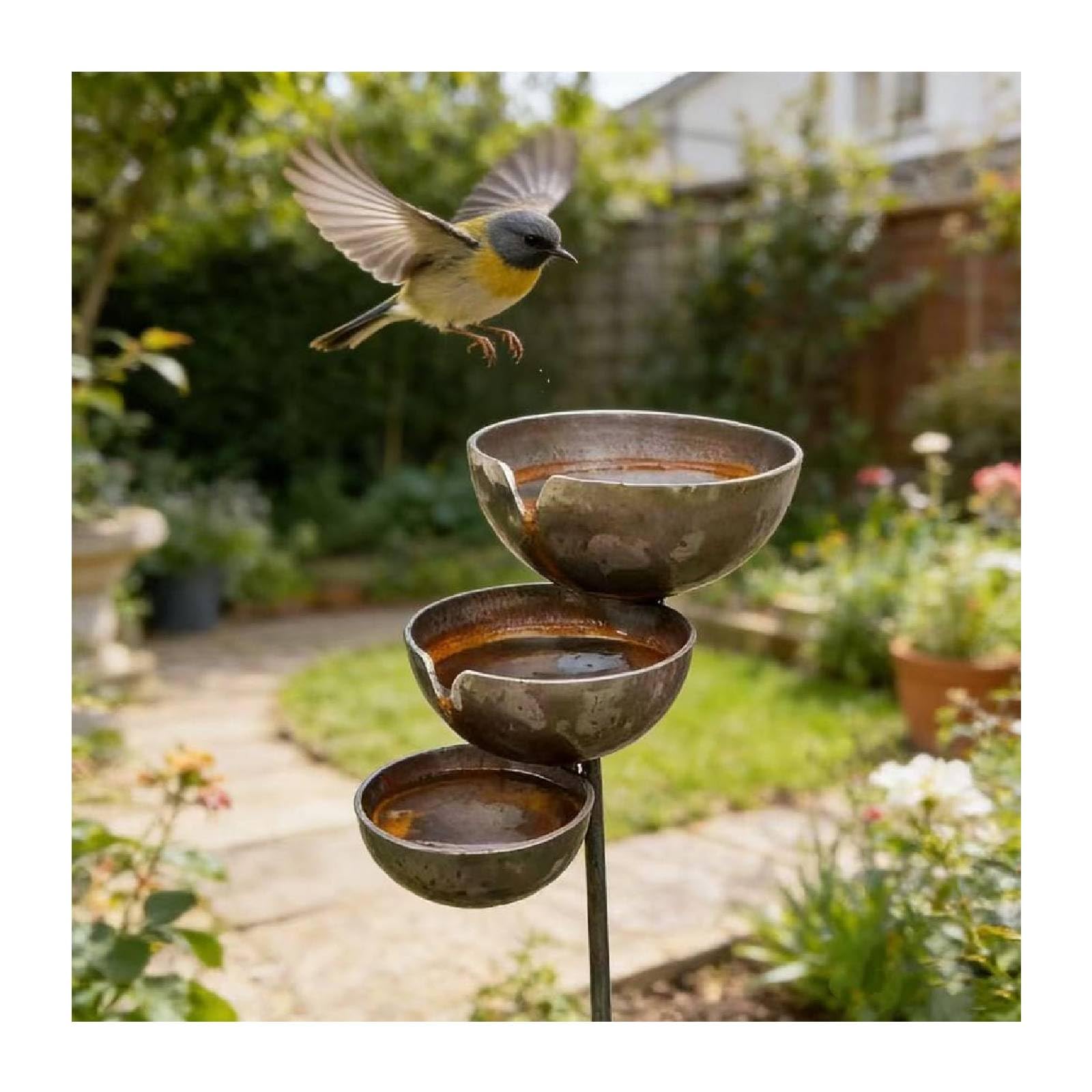 Bronze Iron Art Rain Catcher Garden Stake,3 Tiered Cascading Rustic Metal Bird Water Bowl Bird Bath Birds Feeder&Bee Watering Station,Rainwater Collector Garden Ornament for Birds Attraction(Copper1)