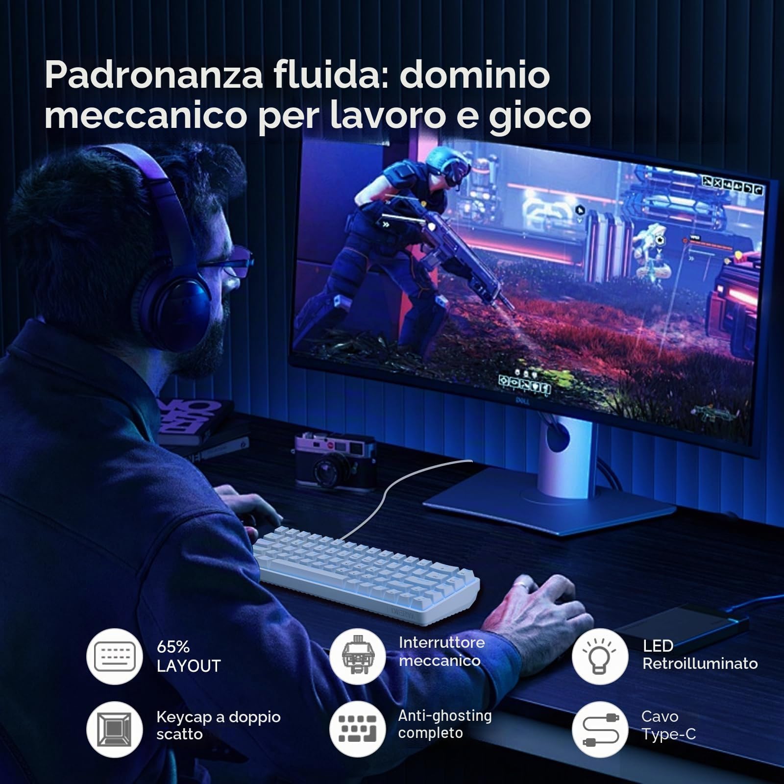 Dierya×TMKB Tastiera Gaming Meccanica 60% con Interruttori Meccanici Lineari,T68se Keyboard Gioco Luce monocromatica Type-C Mini Compact 68 Tasti Anti-Ghosting（Layout US,QWERTY）