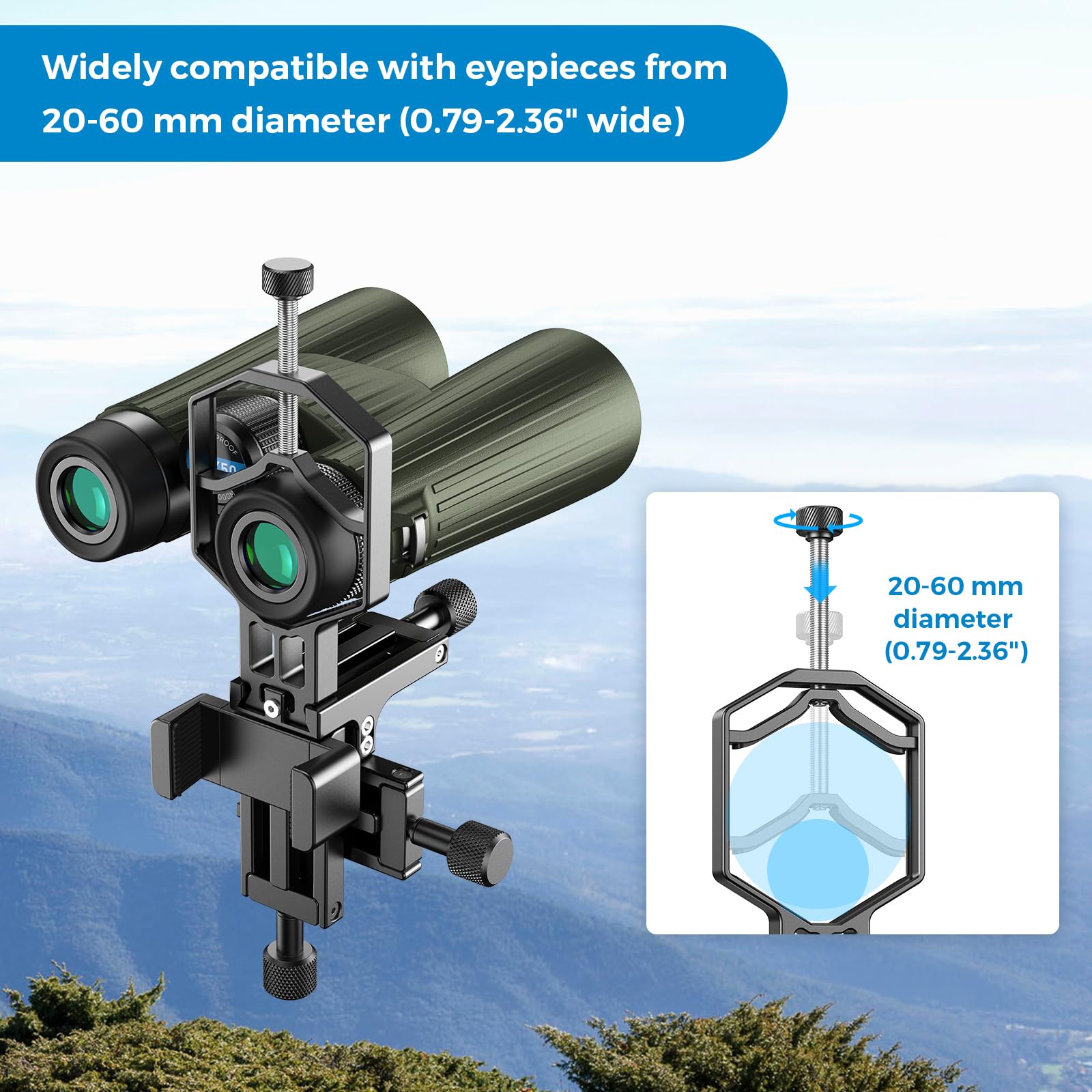 APEXEL 3-osiowy metalowy teleskopowy adapter do telefonu komórkowego bez zdalnego wyzwalacza, osi XYZ, wysoce precyzyjny adapter fotograficzny, kompatybilny z lornetką, monokularem i mikroskopem