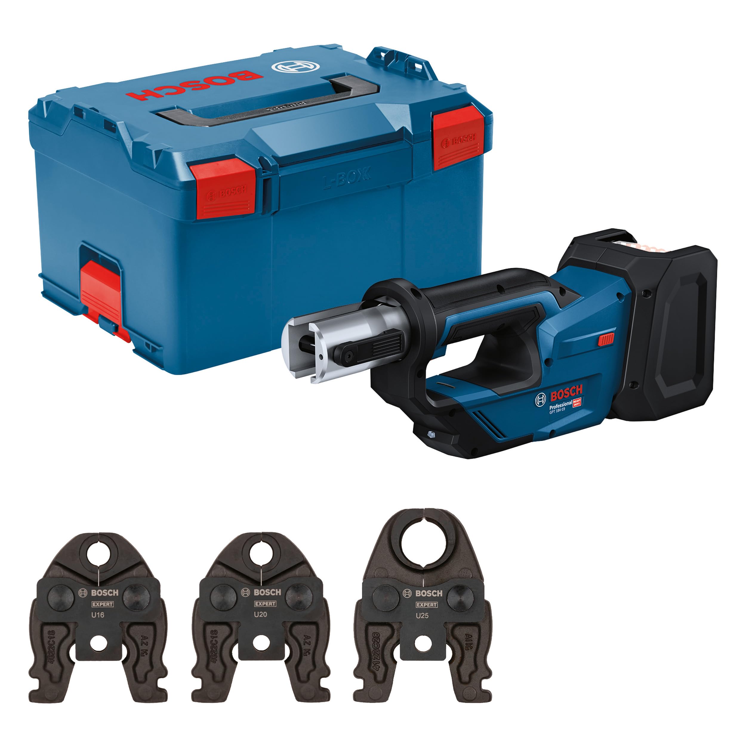 Bosch Professional 18V System Akku Presswerkzeug GPT 18V-19 (19 kN Kraft, um 360° drehbarer Kopf, inkl. Pressbacke Comp. U16, U20, U25, L-BOXX)