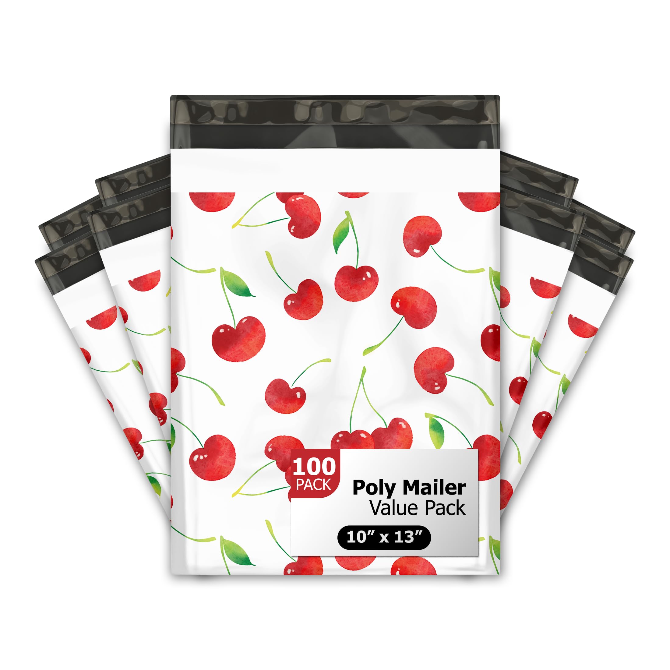 10x13 (100) Cherries Designer Poly Mailers Waterproof Self Sealing Tear Resistant Polymailers Shipping Envelopes Premium Printed Bags For Small