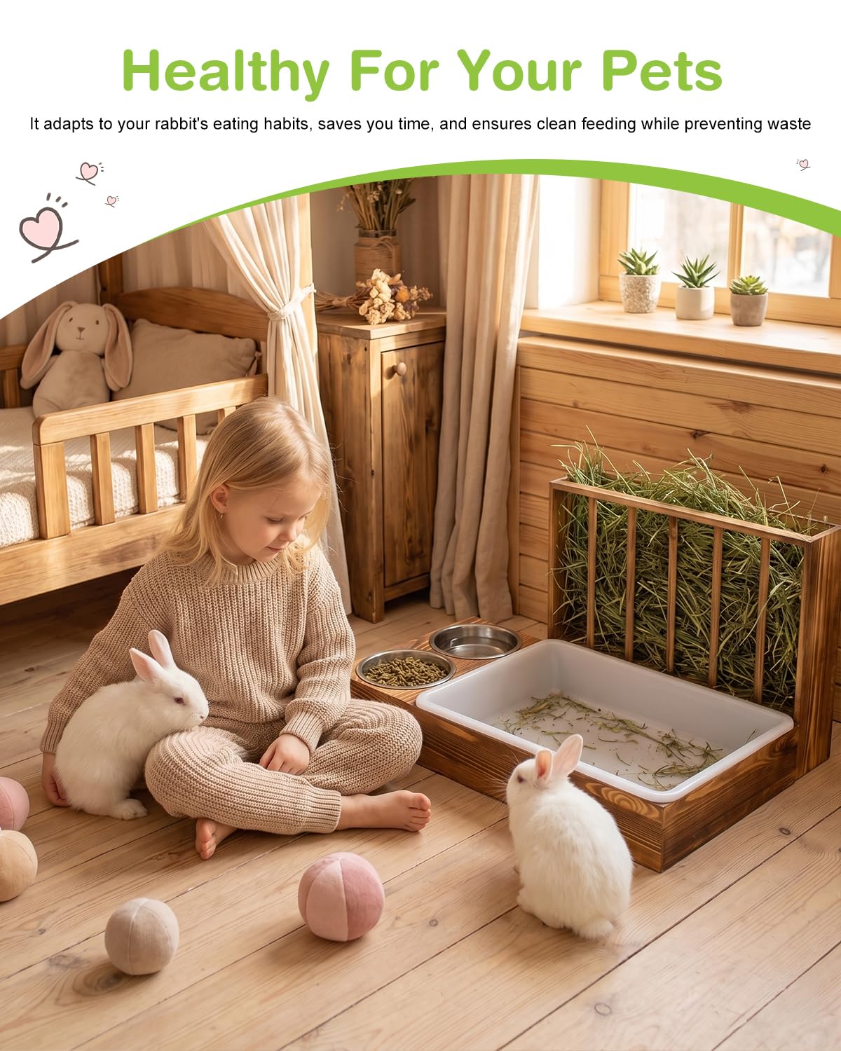 Mangeoire à Foin pour Lapin avec 2 Gamelles, 4 en 1 Couleur Noyer | Distributeur de Nourriture en Bois, pour Lapins, Cochons d'Inde, Chinchillas, Lapins et Autres Petits Animaux 54x36,5x28 cm