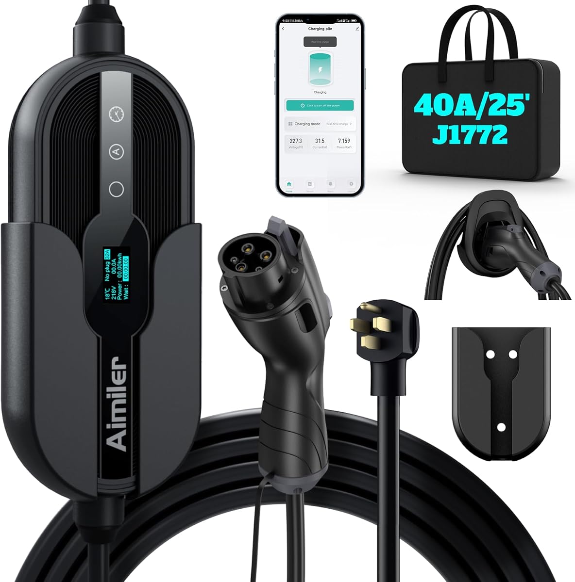 AIMILER Level 2 Electric Vehicle (EV) Charger(WIFI APP/Plug-play), 40A, 25ft Cable ETL Certified, 220V-240V NEMA 14-50P Plug EVSE w/ J1772 Connector, Portable EV Car Charging Stations for Home Level 2