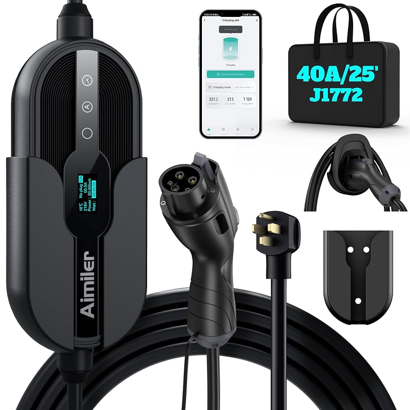 Carregador portátil para veículo elétrico AIMILER Level 2, 40 A, 9,6 kW, 220–240 V, plugue NEMA 14-50P, conector J1772 e Wi-Fi, cabo de 7,62 m