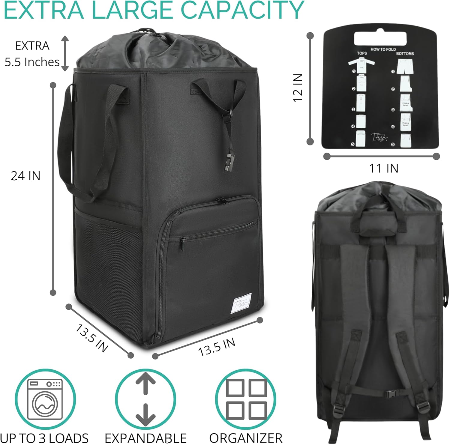 College Essentials Travel Size Laundry Backpack - Portable, Durable, Foldable - Laundry Bag with Pockets for College Dorms - Extra Large Laundry Carrying Bag with Strap (Black)