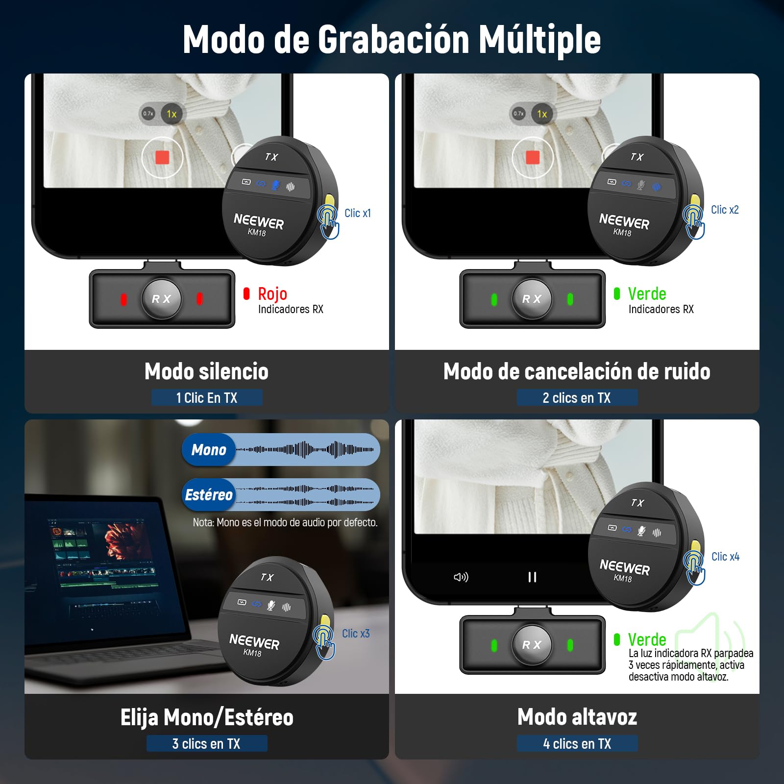 NEEWER Micrófono Lavalier Inalámbrico para iPhone Mini Mic Solapa Set Cancelar Ruido y Estuche de Carga USB C OTG Batería 24H 200m Alcance Compatible con iPhone 16 15 Android PC Portátil, KM18