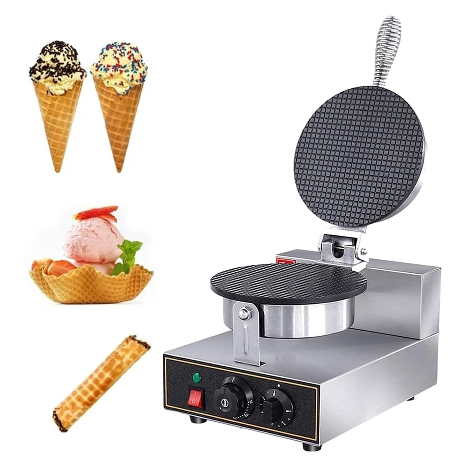 Máquina Comercial para Hacer Conos de Helado, máquina Antiadherente para Hacer Conos de gofres enrollados de Huevo de 1200 W, Plancha eléctrica para Hacer gofres enrollados de huev,