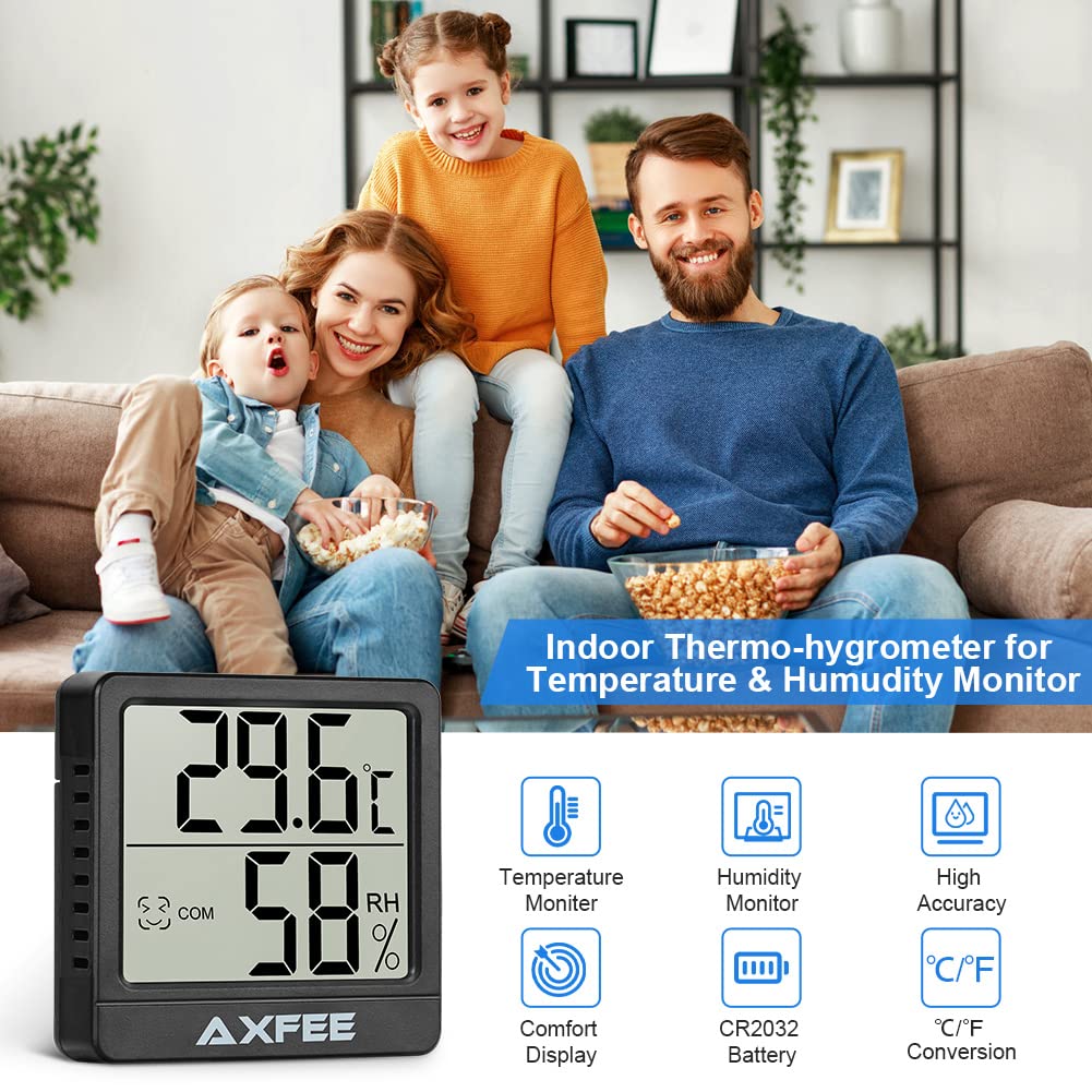 AXFEE Mini termometr LCD, termometr wewnętrzny, higrometr, bezprzewodowy, miernik wilgotności powietrza do pokoju dziecięcego, salonu, biura, szklarni (czarny) 2 sztuki