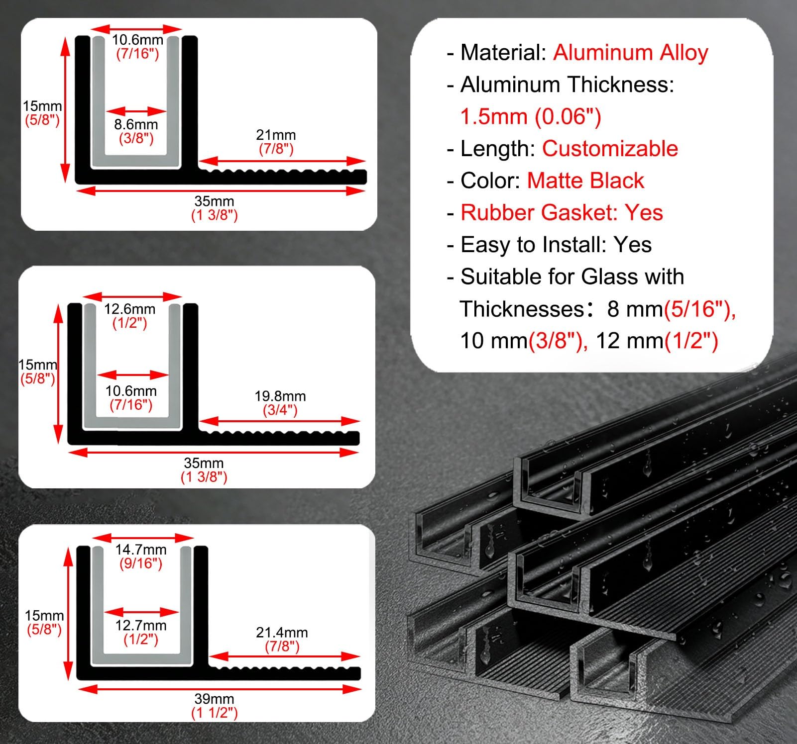 Perfil en U de Aluminio Perfil en F de 15Mm de Profundidad para Mampara | Perfil en F de Aluminio para Mampara de Ducha sin Marco de 8/10/12 Mm, Junta Goma Fijación(10mm(3/8"),L3.0m(9.8ft))