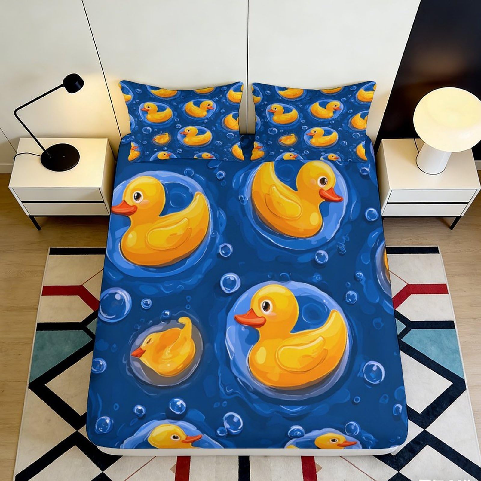 3D Printed Rubber Duck Fitted Sheet Microfiber Blue Bubble Mattress Cover for Bedroom Guest Room Decor Washable 90x200x25cm