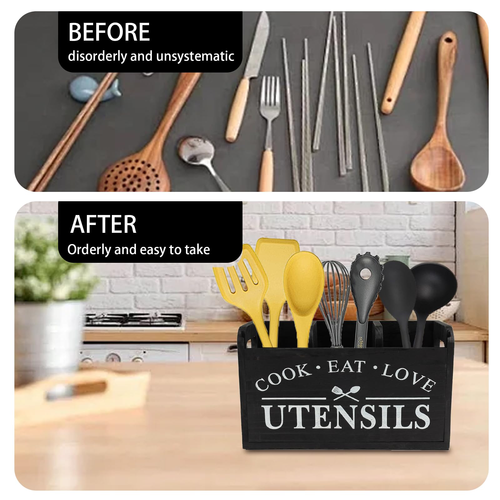 Gzsekken Kitchen Utensil Holder Rustic Utensils Holder Large 3 Compartments with Drainage Bottom Wooden Utensil Holder Cutlery Caddy Farmhouse Wooden Cooking Tools Storage for Countertop Black - Image 3