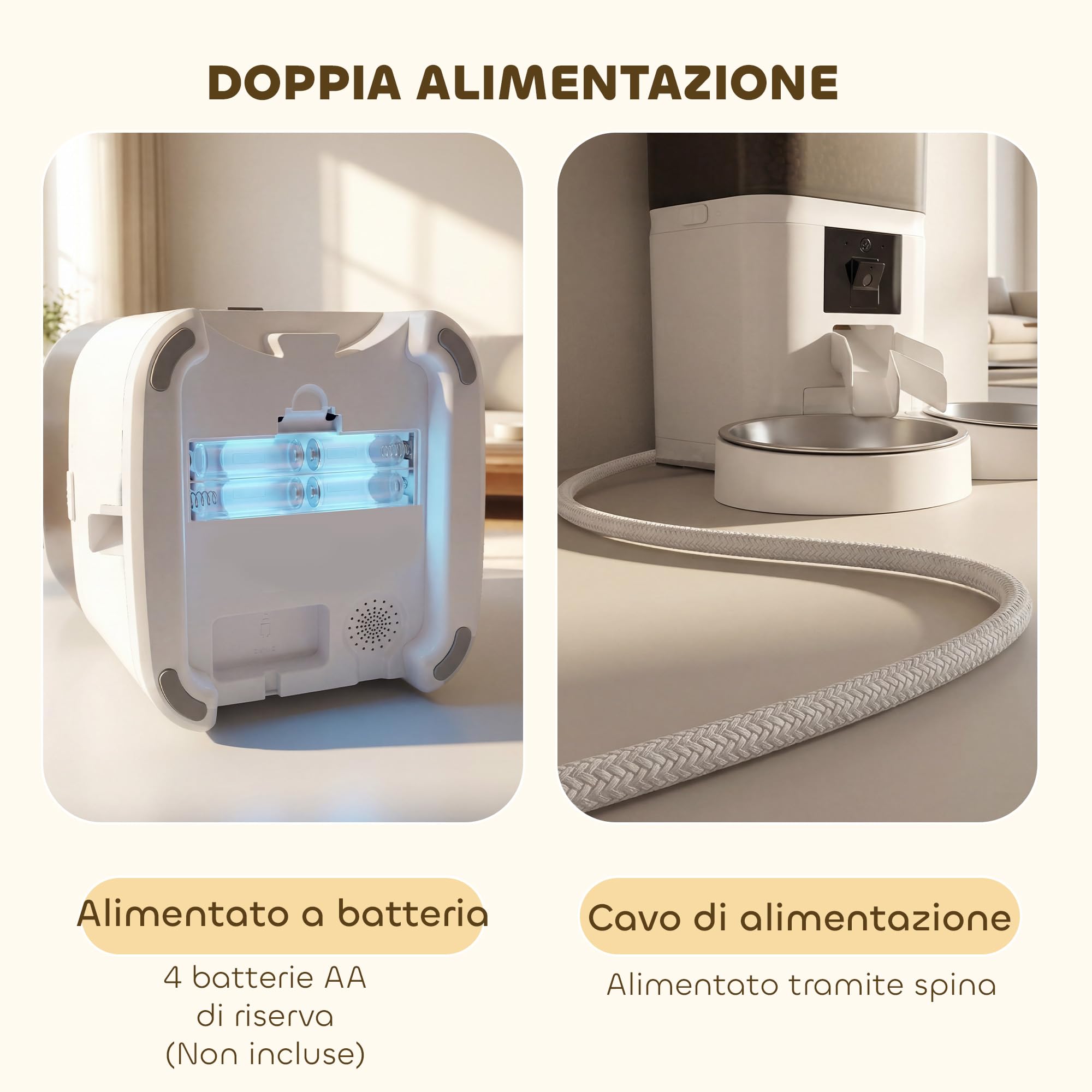 PawHut Distributore Automatico Cibo Gatti 6L WiFi 2.4G, Dispenser Crocchette Gatto App Controllo con Timer, 1-10 Pasti al Giorno, Registratore 10s, 2 Ciotole in Acciaio Inox, per Cani Media e Piccolo