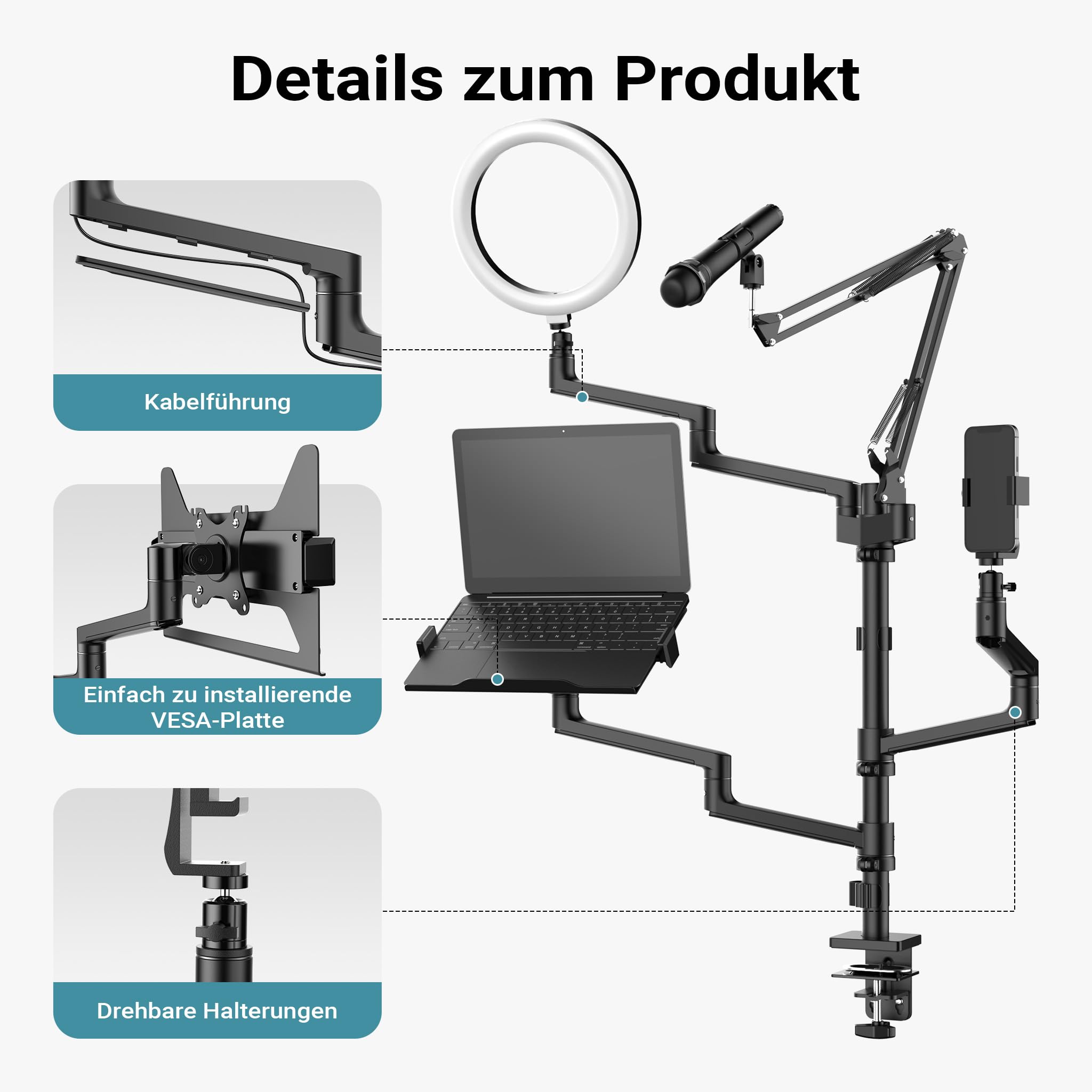 Wiltec 4 in 1 Tischstativ, Multifunktionales Kamera Stativ mit Tischklemme, Ringlicht mit Stativ 3 Farbmodi, Mobile Halterung für Streaming Setup
