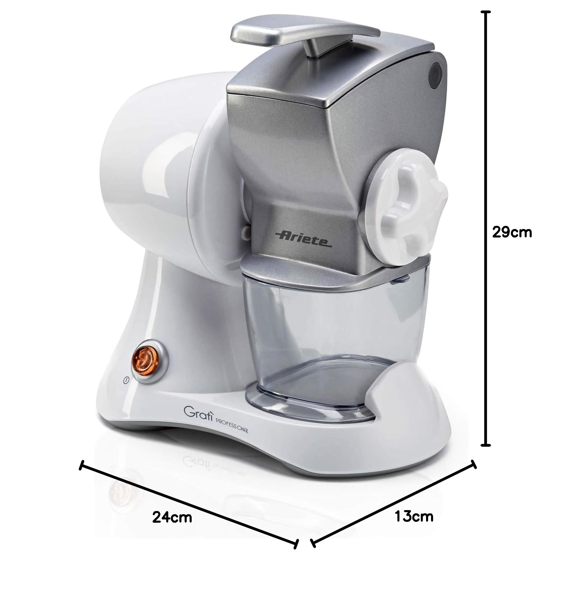 Ariete 448 Gratì professional Professionelle Hochleistungsreibe. Ausgestattet mit Metalltrichter, abnehmbarem Behälter und Frischhaltedeckel. Leistung 120 W.