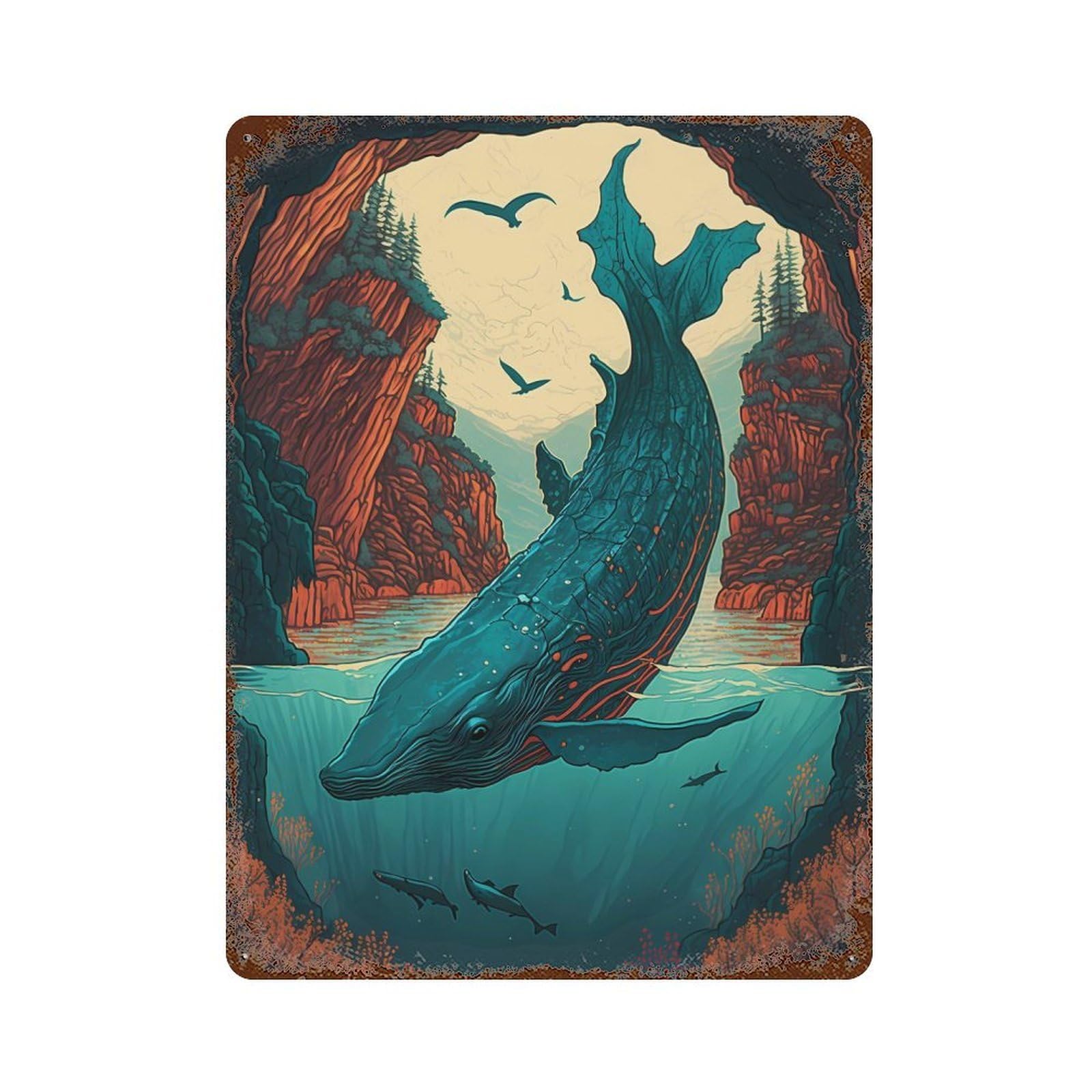 Enchanted Kingdom Whale 15.7"x11.8" Rust Effect Tin Sign, Industrial Home Decor for Living Room, Hallway And Home Decor