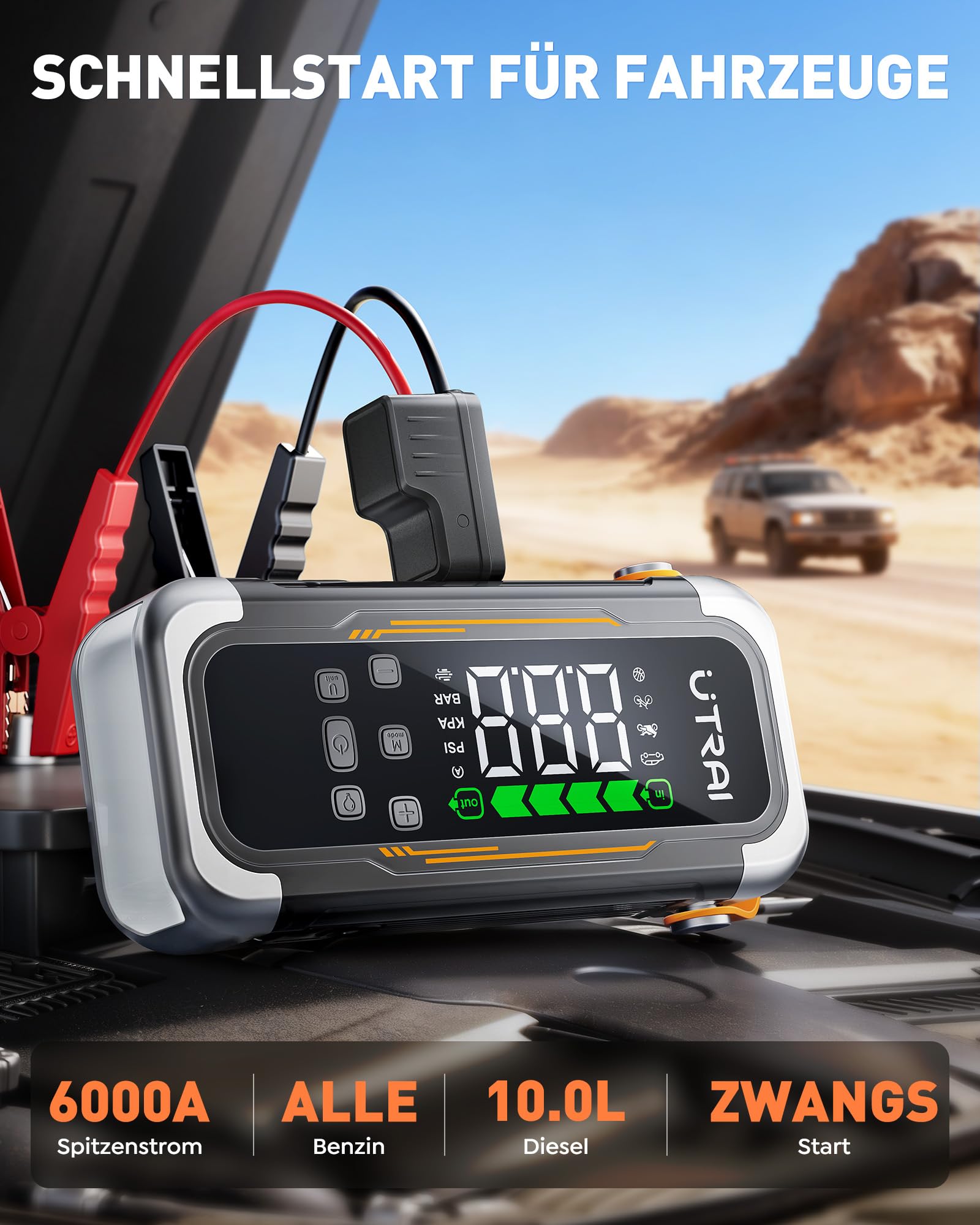 UTRAI 6000A Starthilfe Powerbank für Pkw, Alle Benzin & Gas 10L Diesel | 150PSI Kompressor, Gebläsefunktion, PD 30W Ausgang, 10-Faches Sicherheitssystem, 800 Lumen Notfallleuchte
