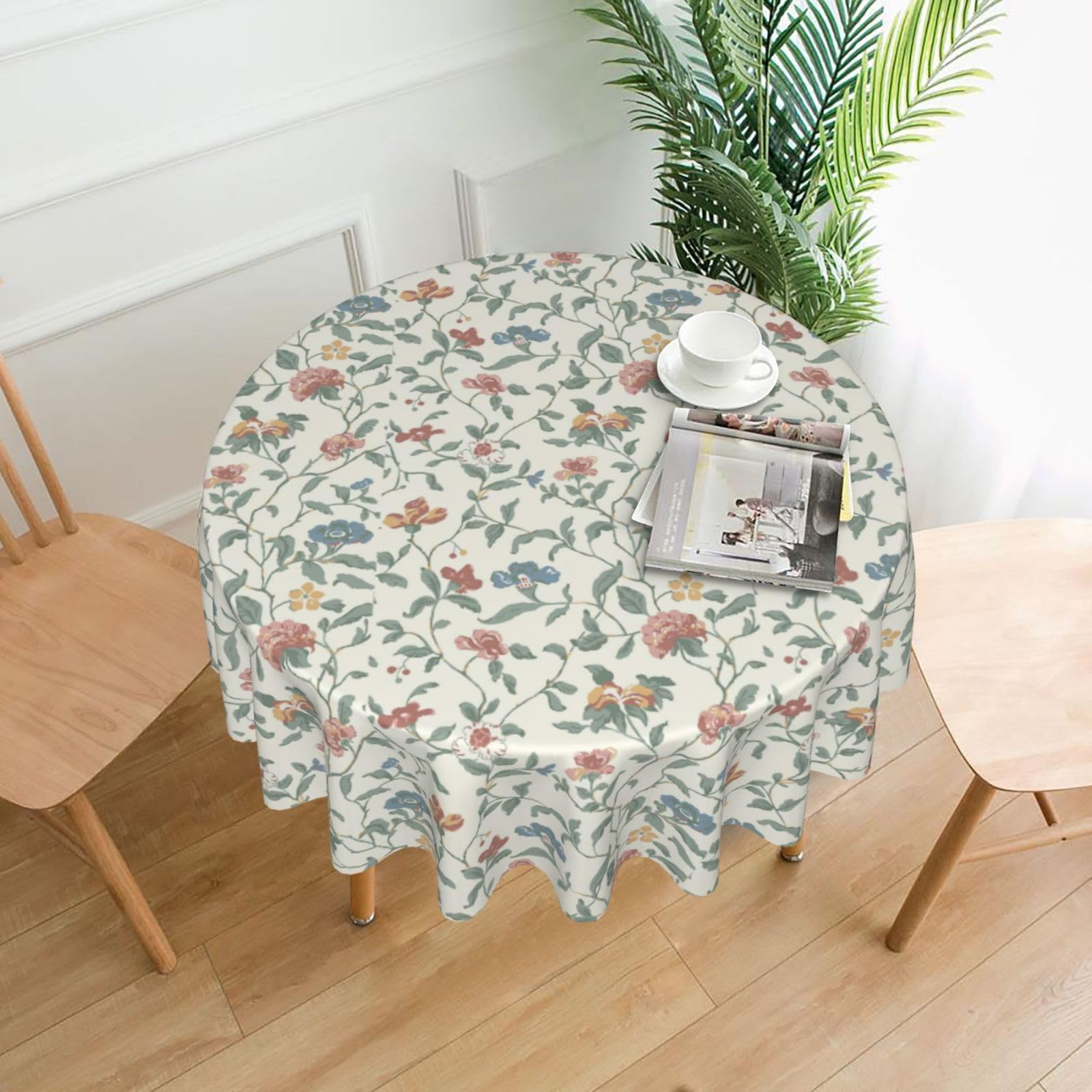SDEGTHO Red Flowers Leaves Print Modern Retro Round Tablecloth 60in Polyester Fabric Cover for Party Dining Table Washable