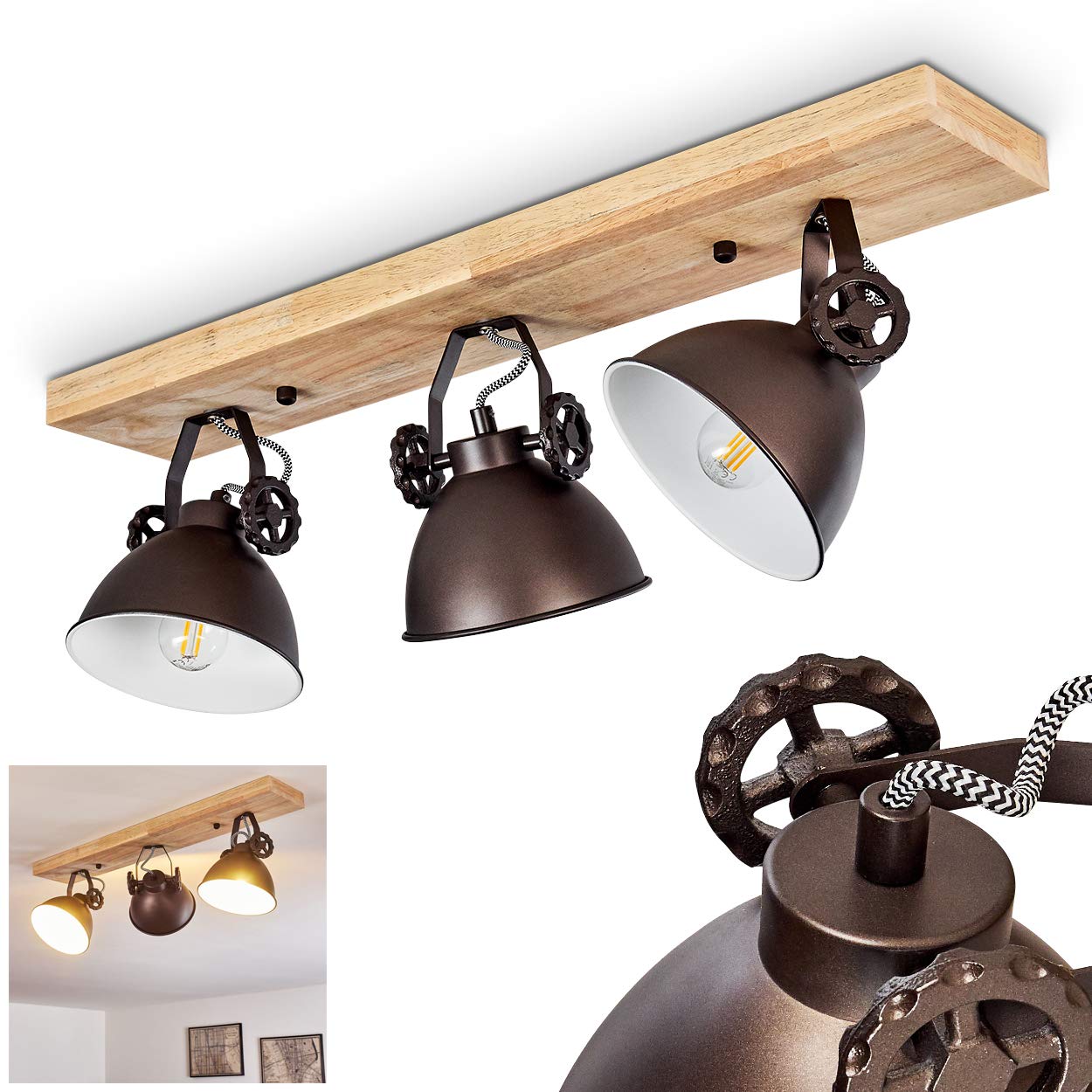Hofstein Brown, Black, White Ceiling Lamp Svanfolk, Metal/Wood Ceiling Lamp In Black/Brown/Nature, 3-Flame, With Adjustable Spotlights, 3 X E14 Socket, Retro/Vinatge Design, Without Bulbs
