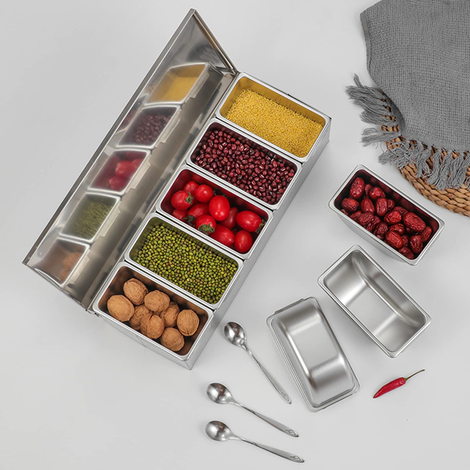 Contenitore per ingredienti in acciaio inox, con 4/5 scomparti, con coperchio e griglia interna rimovibile per frutta, spezie, esche e müsli (5)