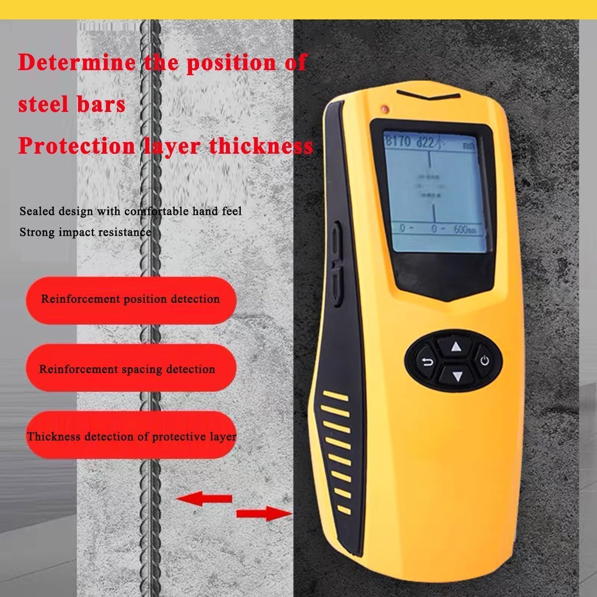 Rebar Locators Handheld Concrete Rebar Scanner Reinforcement Instrument with Diameter Measuring Range Φ6-50mm Location Range Φ1-120mm for Reinforcement Detector Position Determination