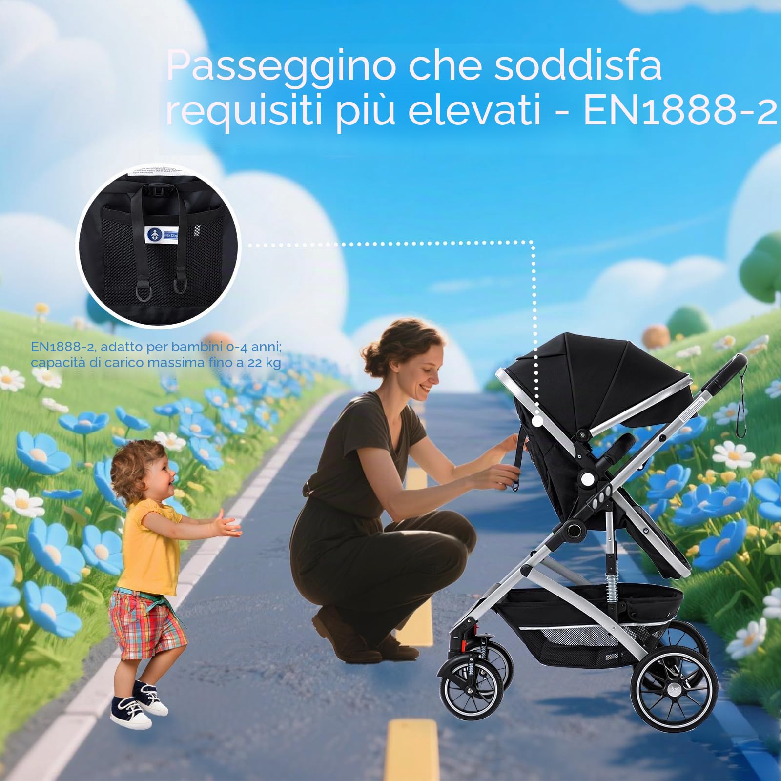 Passeggino 3 in 1,Passeggino Pieghevole Rapido con Un Solo Clic,Passeggino Reversibile Alto con Cesta per la Nanna Allargata,Pushchair Reversibile è Bloccabile Sulle Ruote Anteriori(Nero)