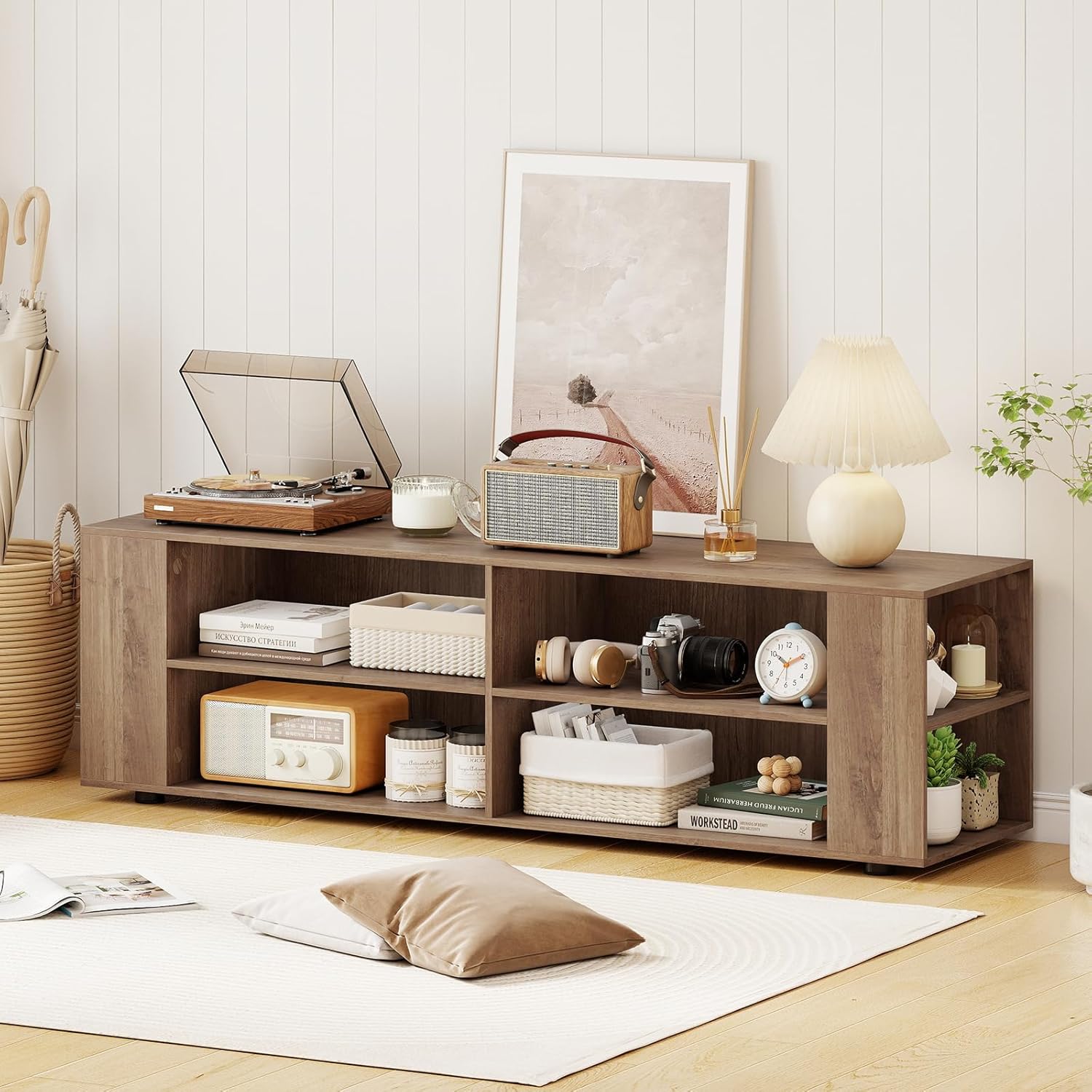 Tangkula Wood TV Stand for TVs up to 65 Inch Flat Screen, Modern Entertainment Center with 8 Open Shelves, Universal TV Storage Cabinet for Living Room Bedroom, TV Console Table (Warm-Grey)